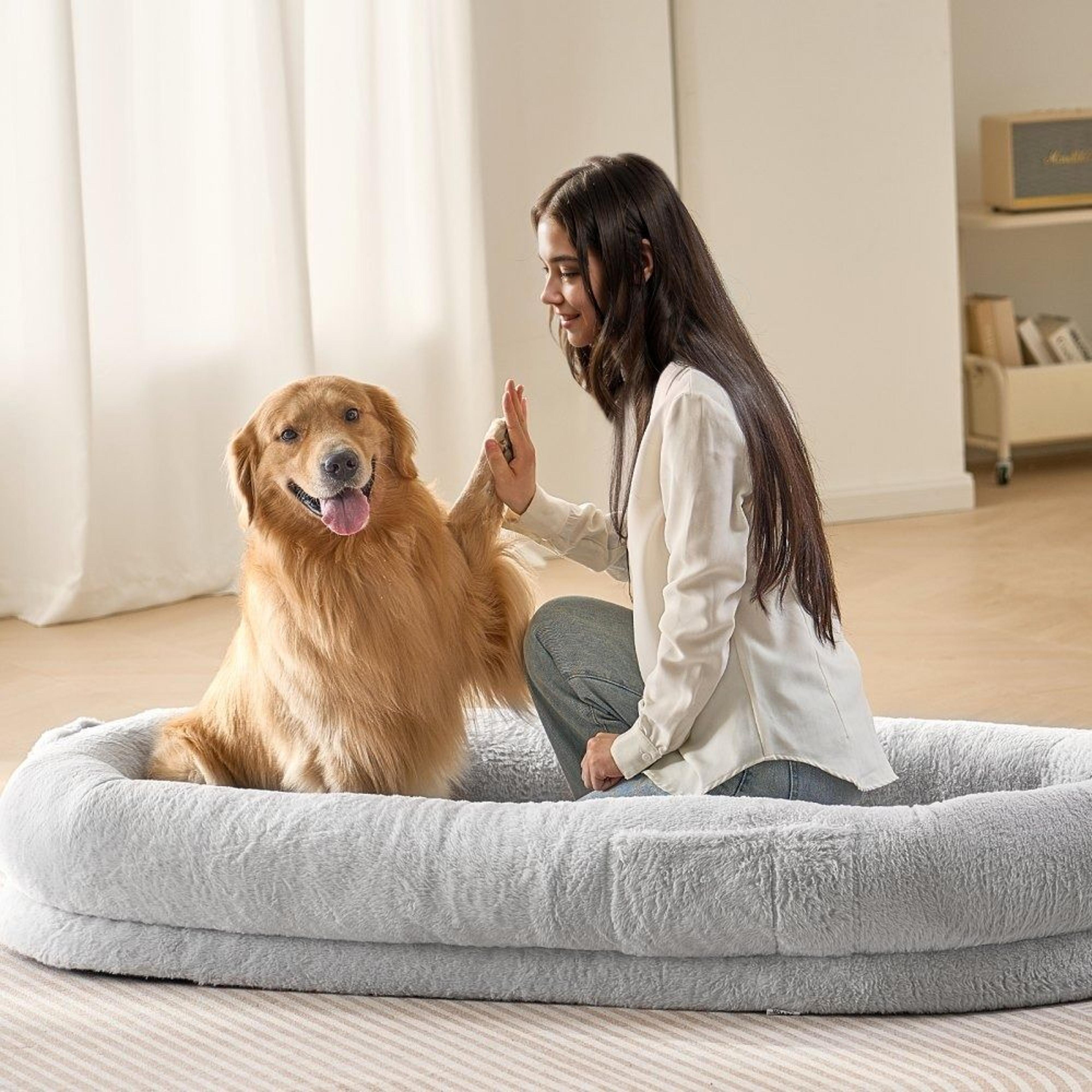 large human dog bed with washable faux rabbit fur and orthopedic foam