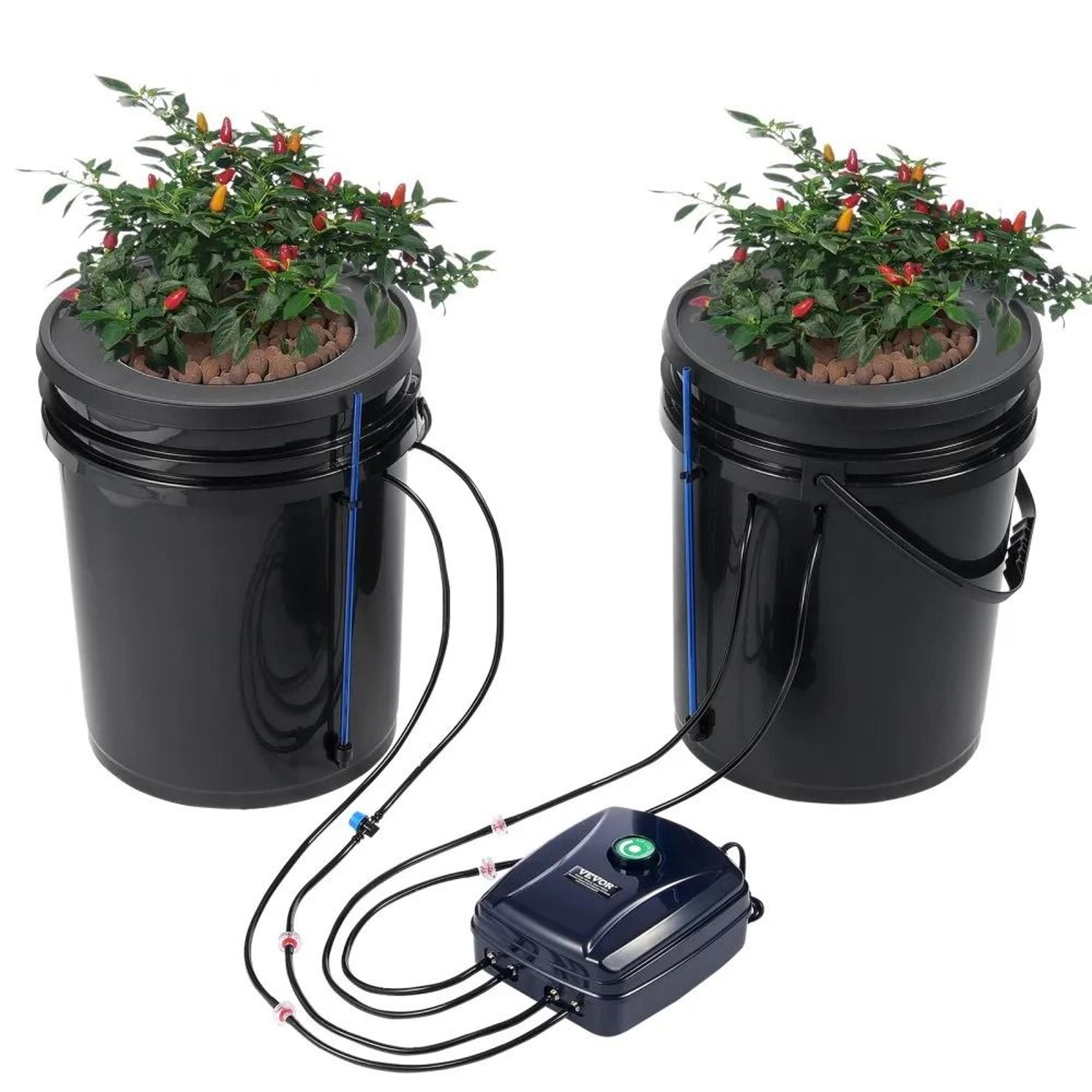 2 bucket dwc hydroponic grow system with top drip irrigation and air pump
