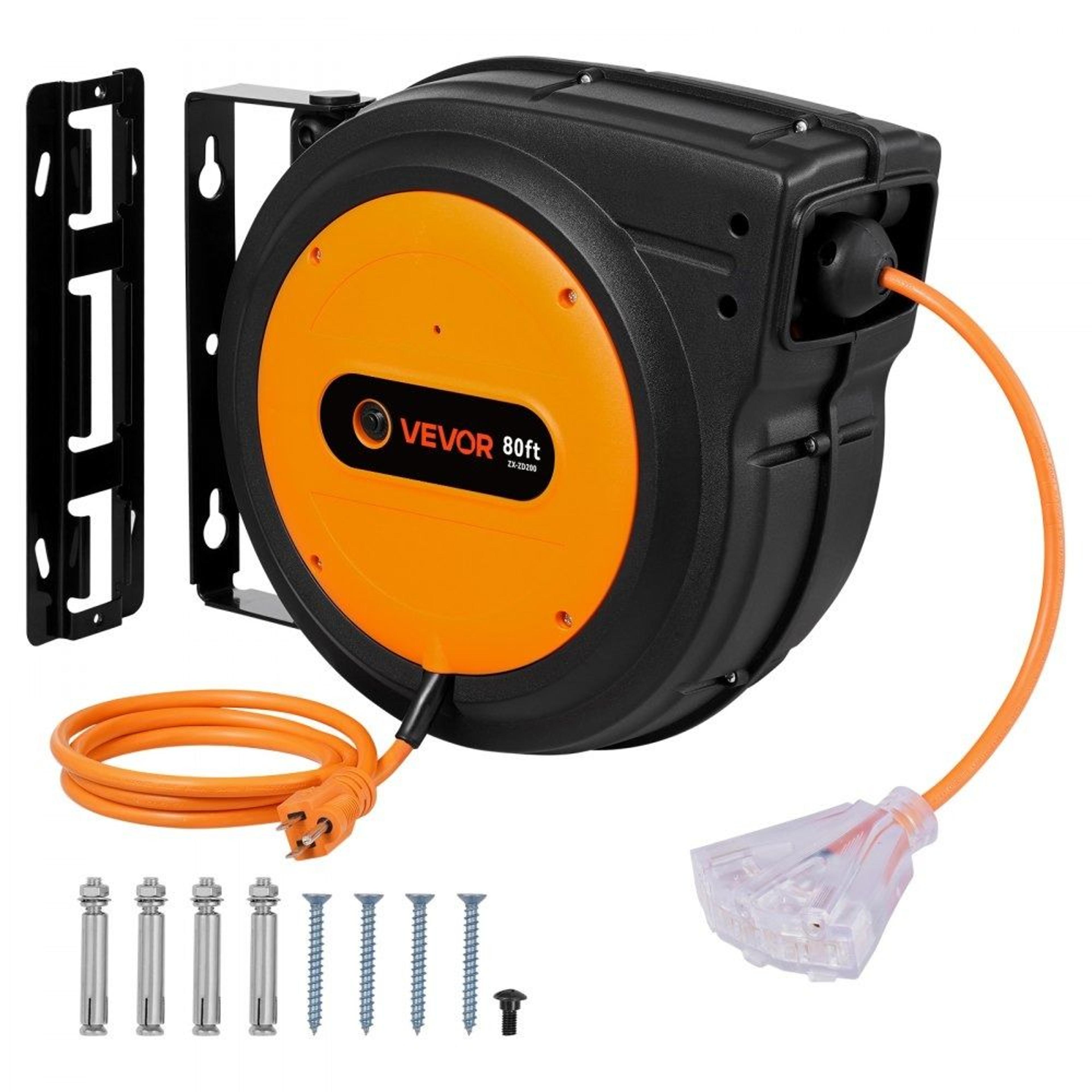 heavy duty retractable extension cord reel with 80ft power cord and triple outlet