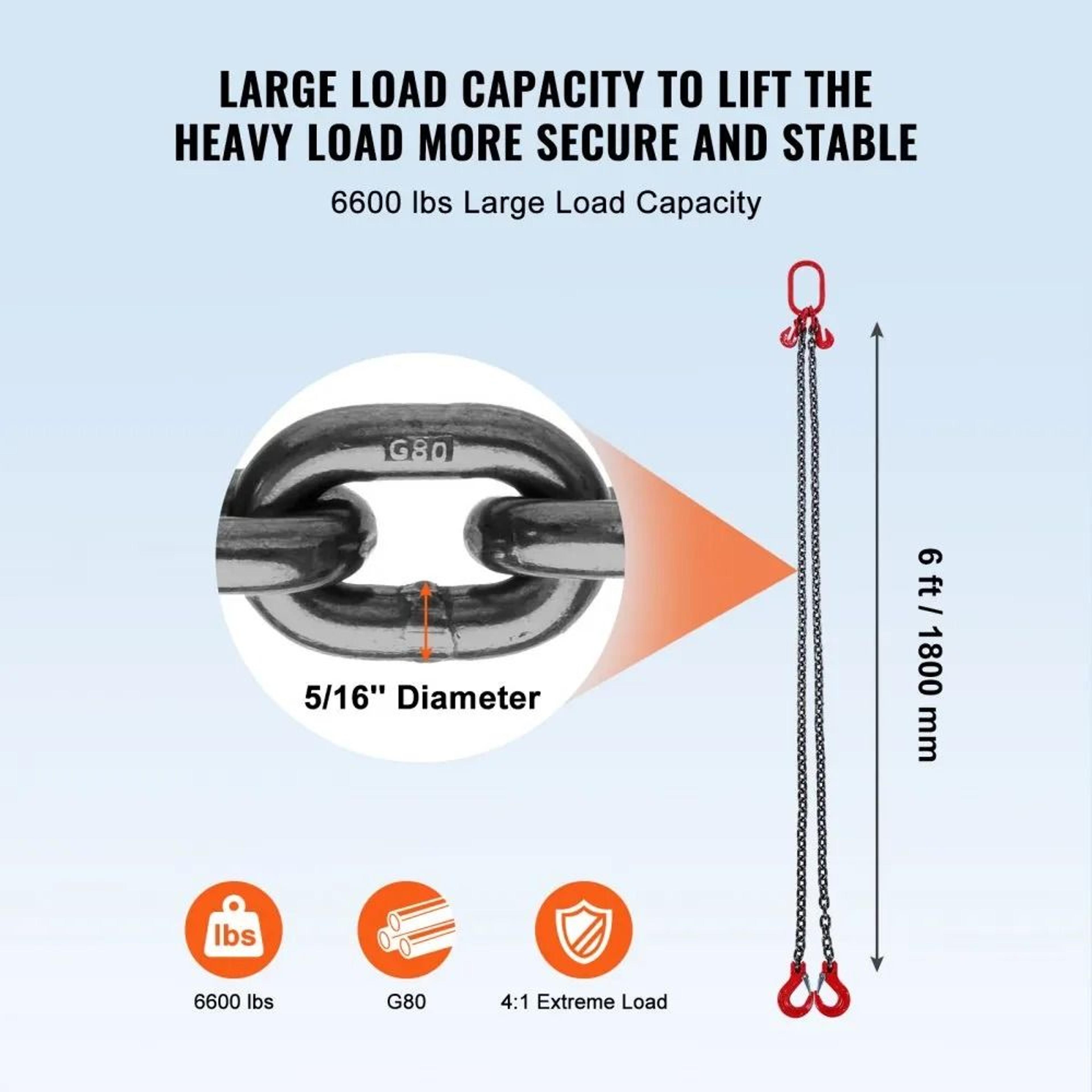 G80 Chain Sling 6 Ft Lifting Chain With Hooks And Adjusters 6600 Lbs Capacity 2