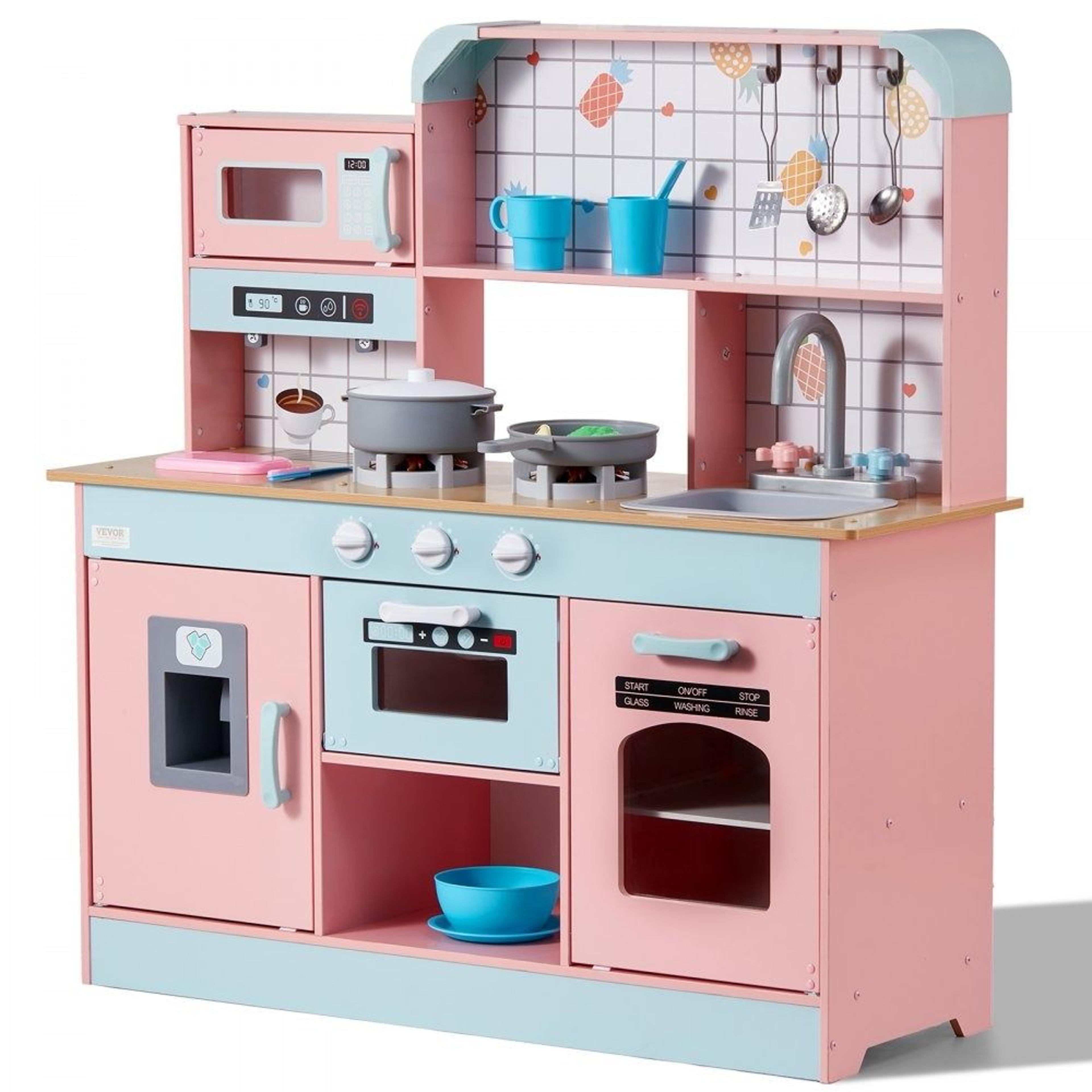 kids wooden play kitchen set with lights sounds ice maker oven sink microwave and accessories