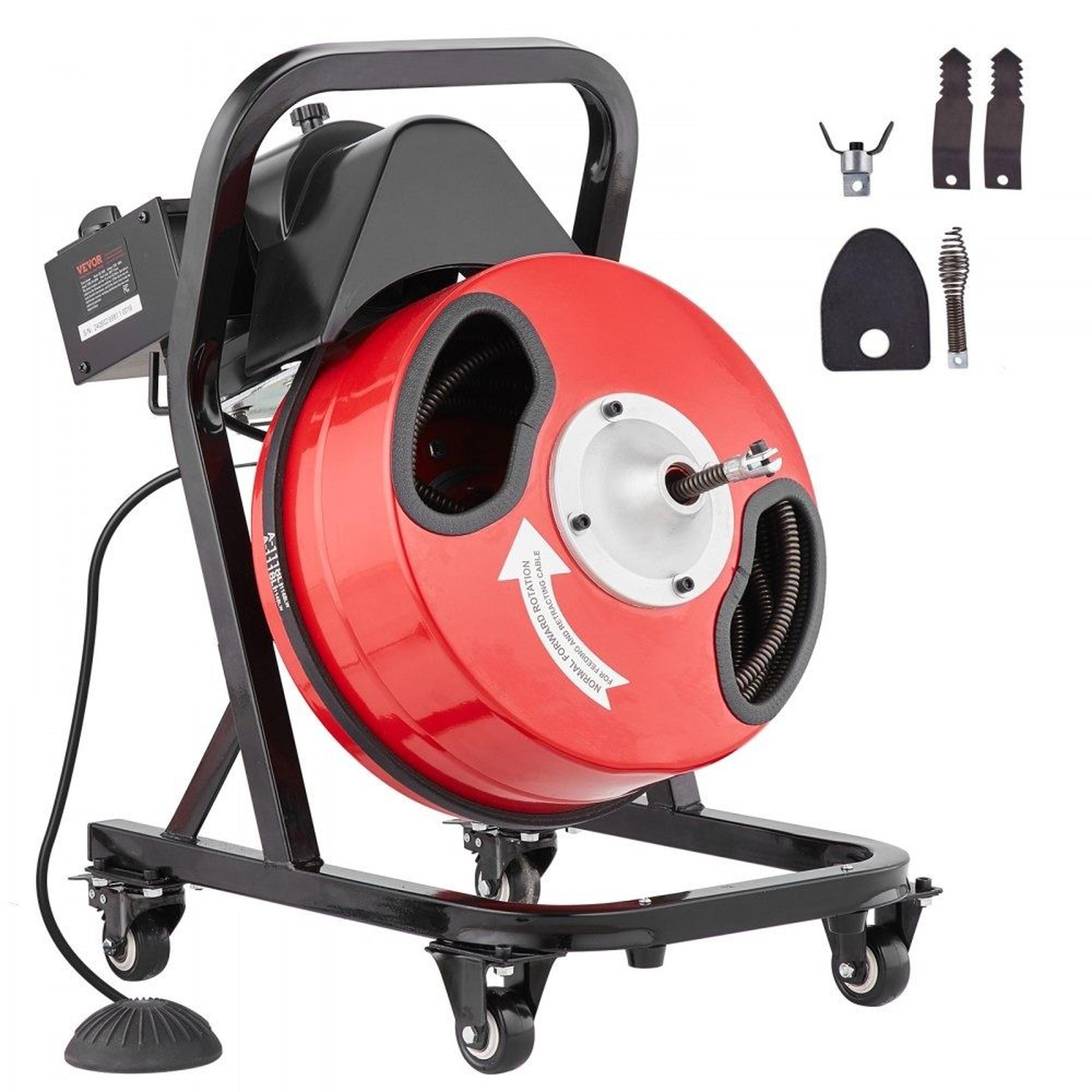 drain cleaner machine 50ft manual feed sewer snake auger with 4 cutters for 2 to 4 inch pipes