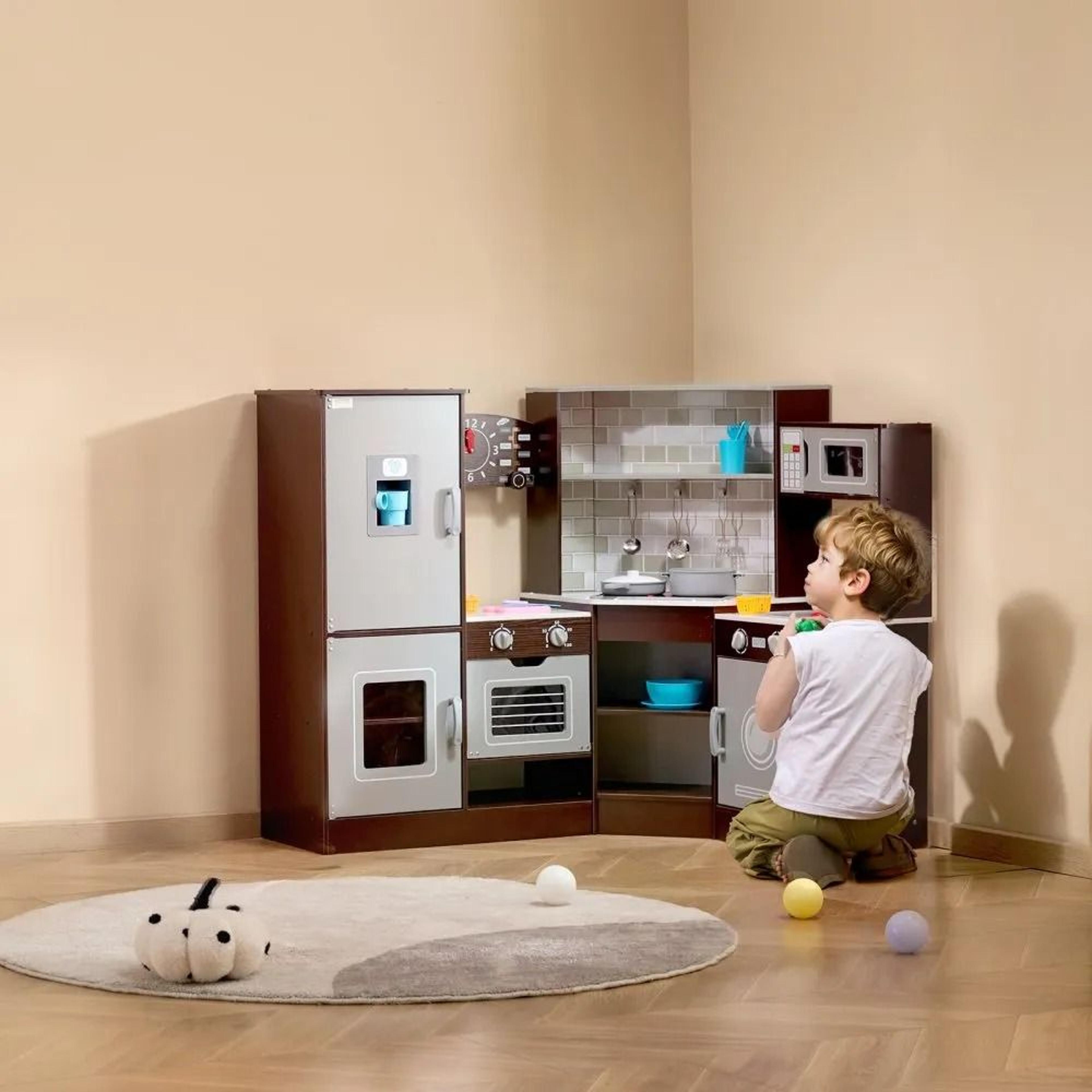 corner wooden play kitchen set with lights sounds oven sink ice maker and accessories