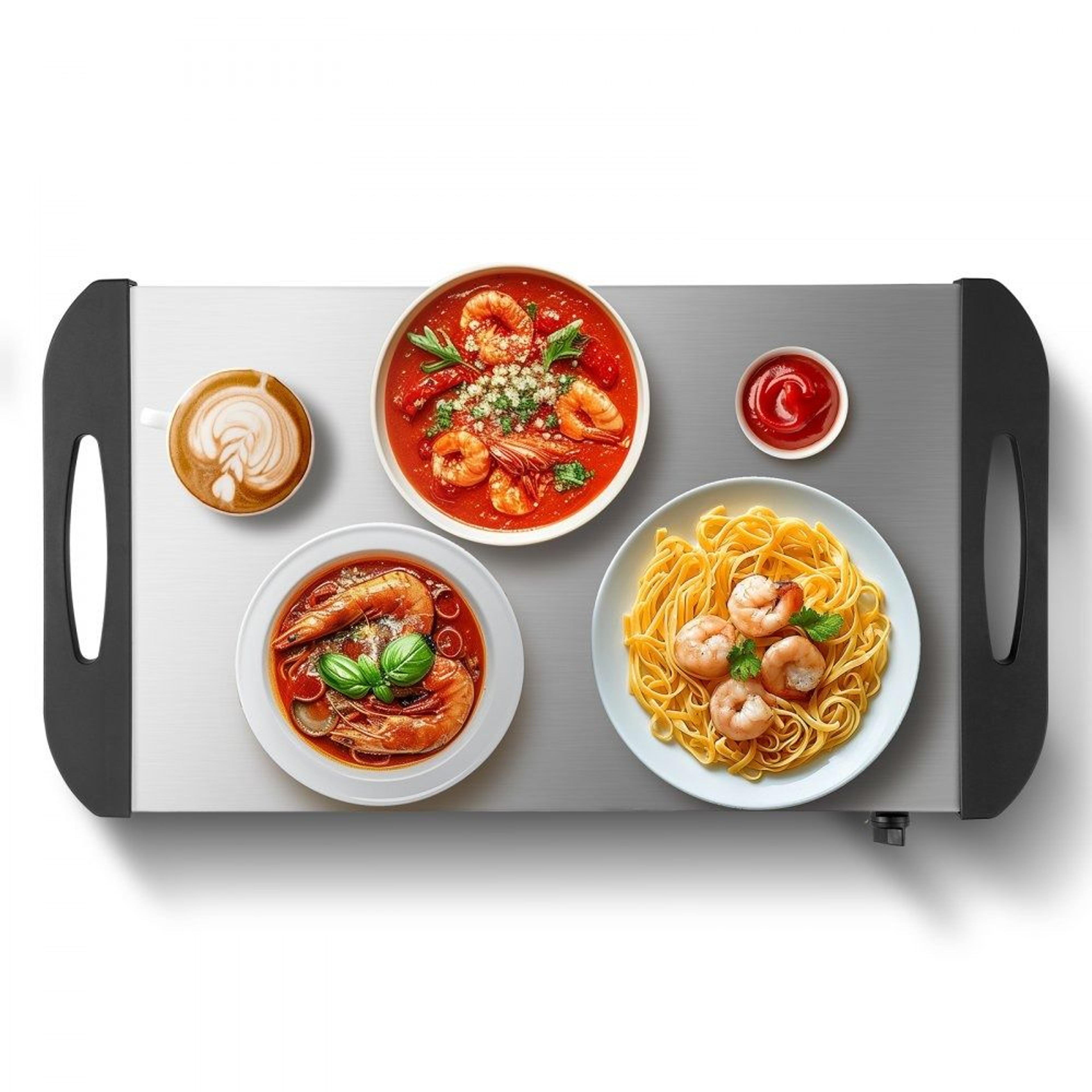 electric warming tray with adjustable temperature control and stainless steel surface