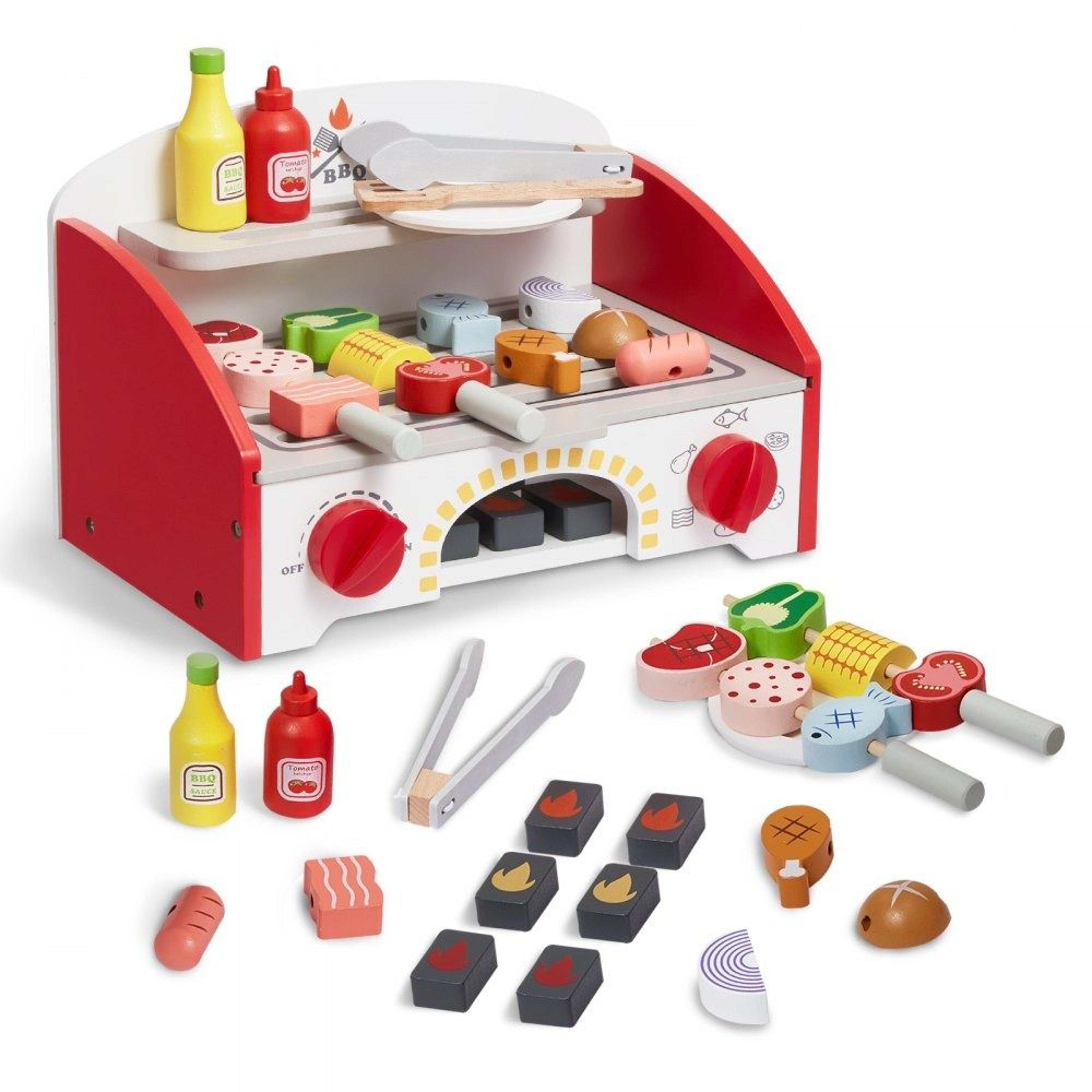 wooden kids bbq grill playset 26 piece pretend play food set for ages 3 plus