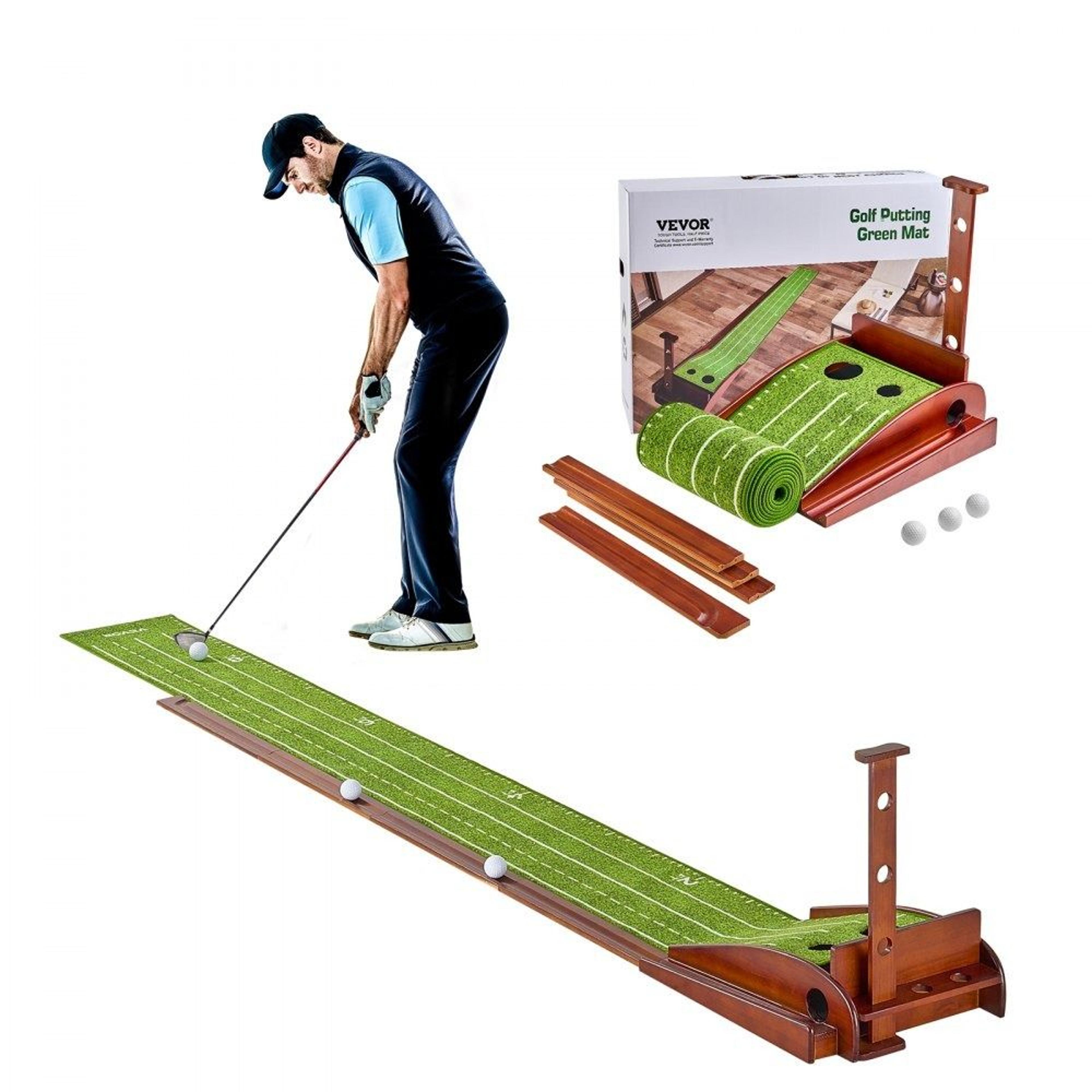 indoor golf putting mat with auto ball return 2 hole practice green with alignment guide and wood base