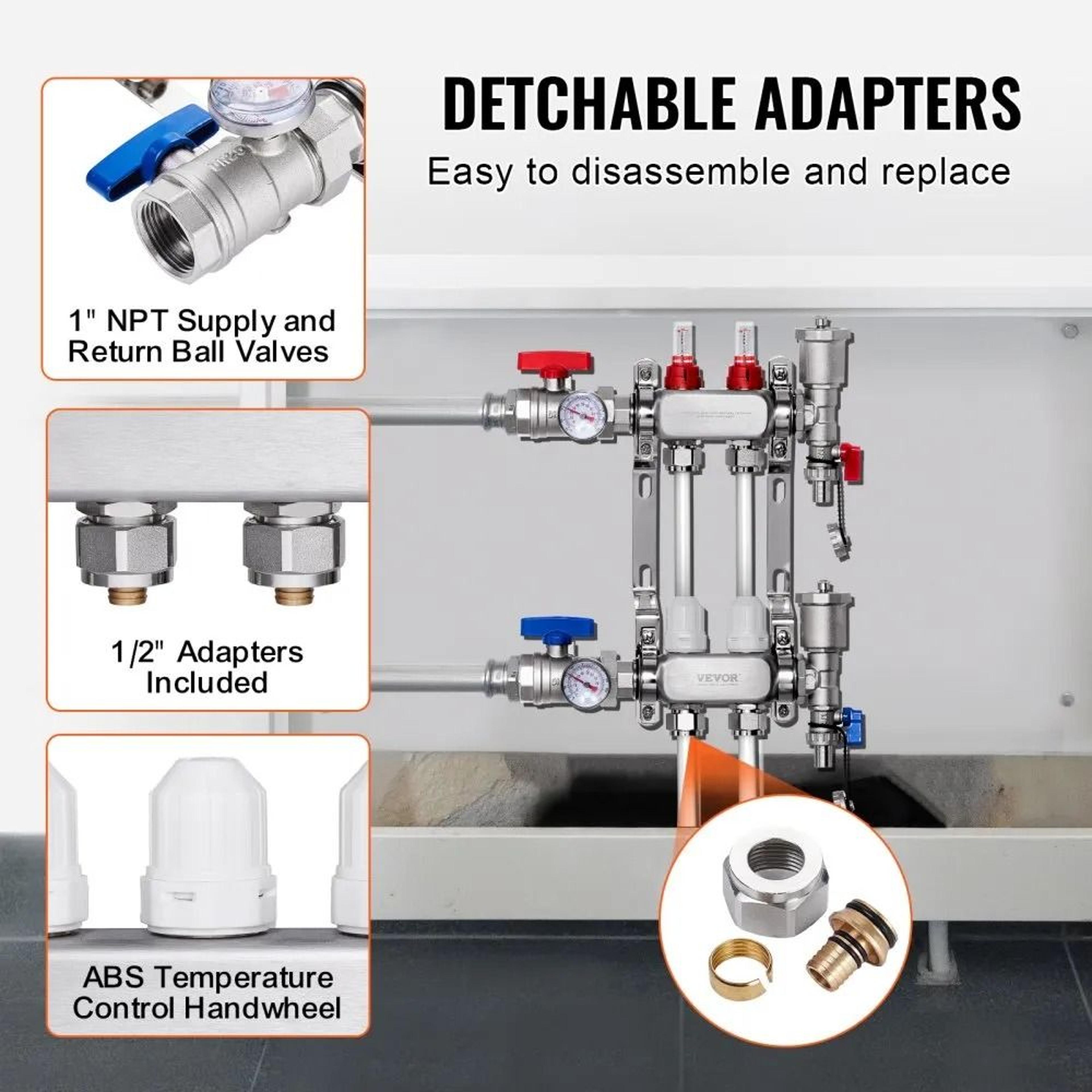 2 Branch Radiant Heat Manifold 12 Inch PEX Tubing Manifold Stainless Steel Hydronic Floor Heating K 1