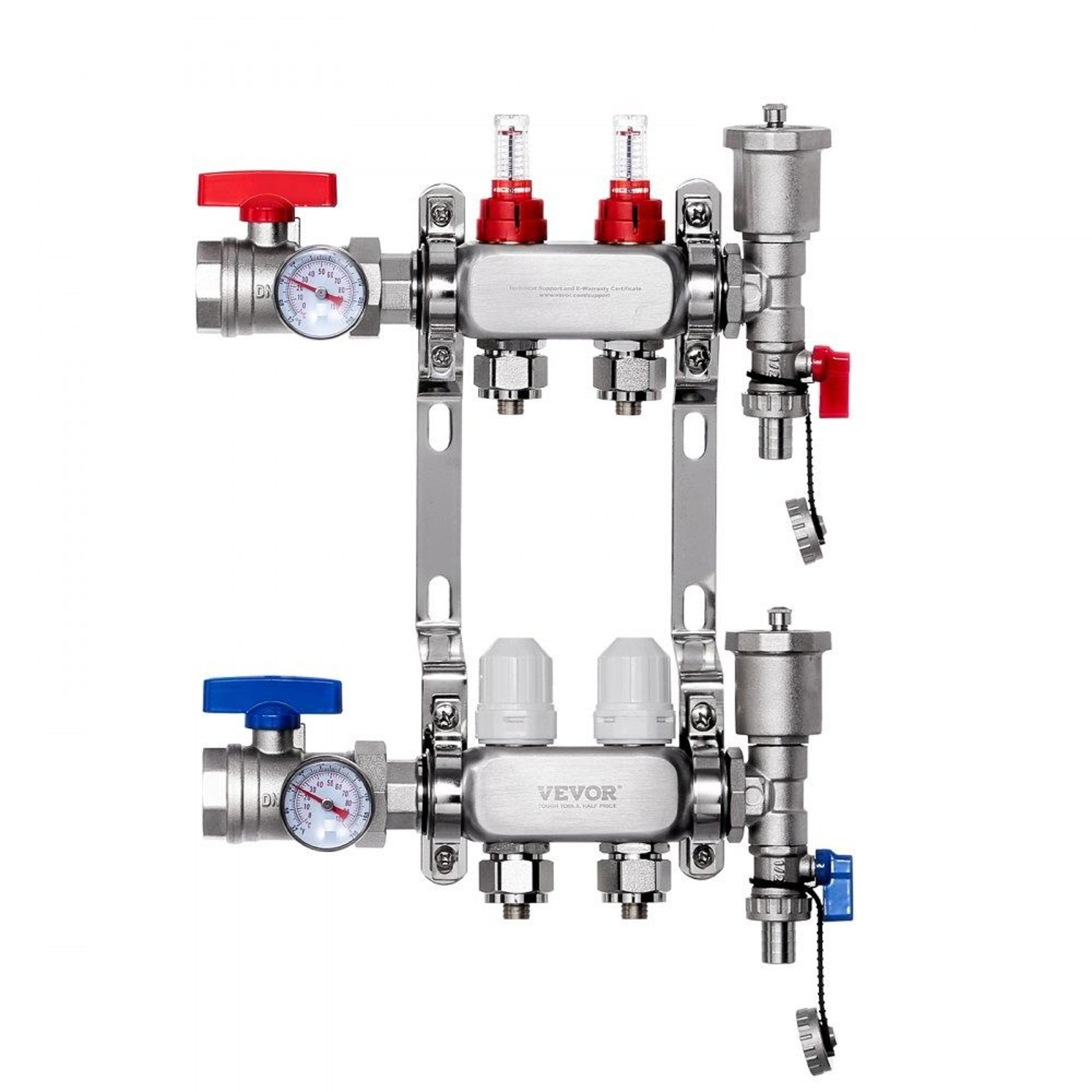 2 Branch Radiant Heat Manifold 12 Inch PEX Tubing Manifold Stainless Steel Hydronic Floor Heating K 6
