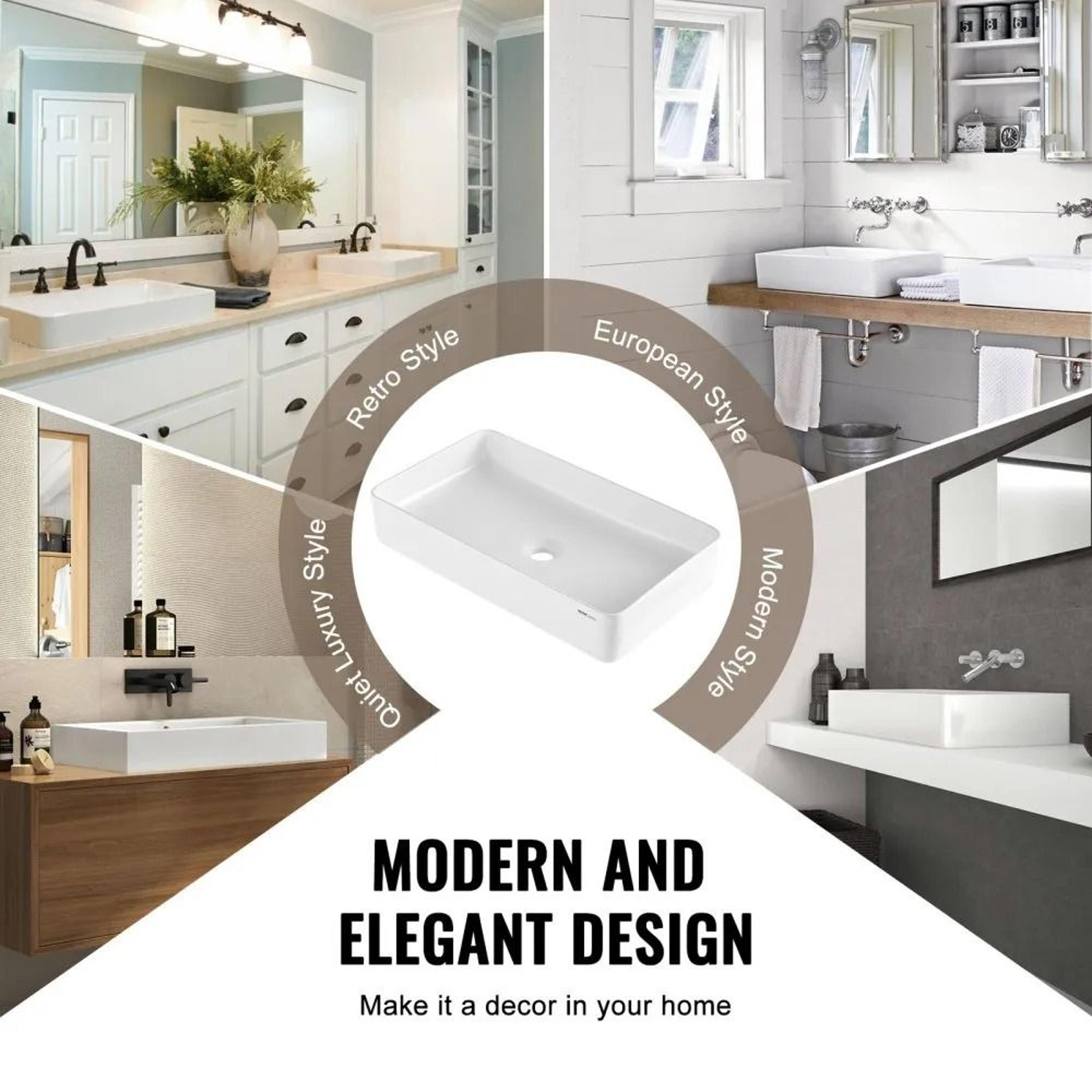 Rectangle Vessel Sink 24 X 138 Inch White Ceramic Countertop Bathroom Sink Modern Design 3
