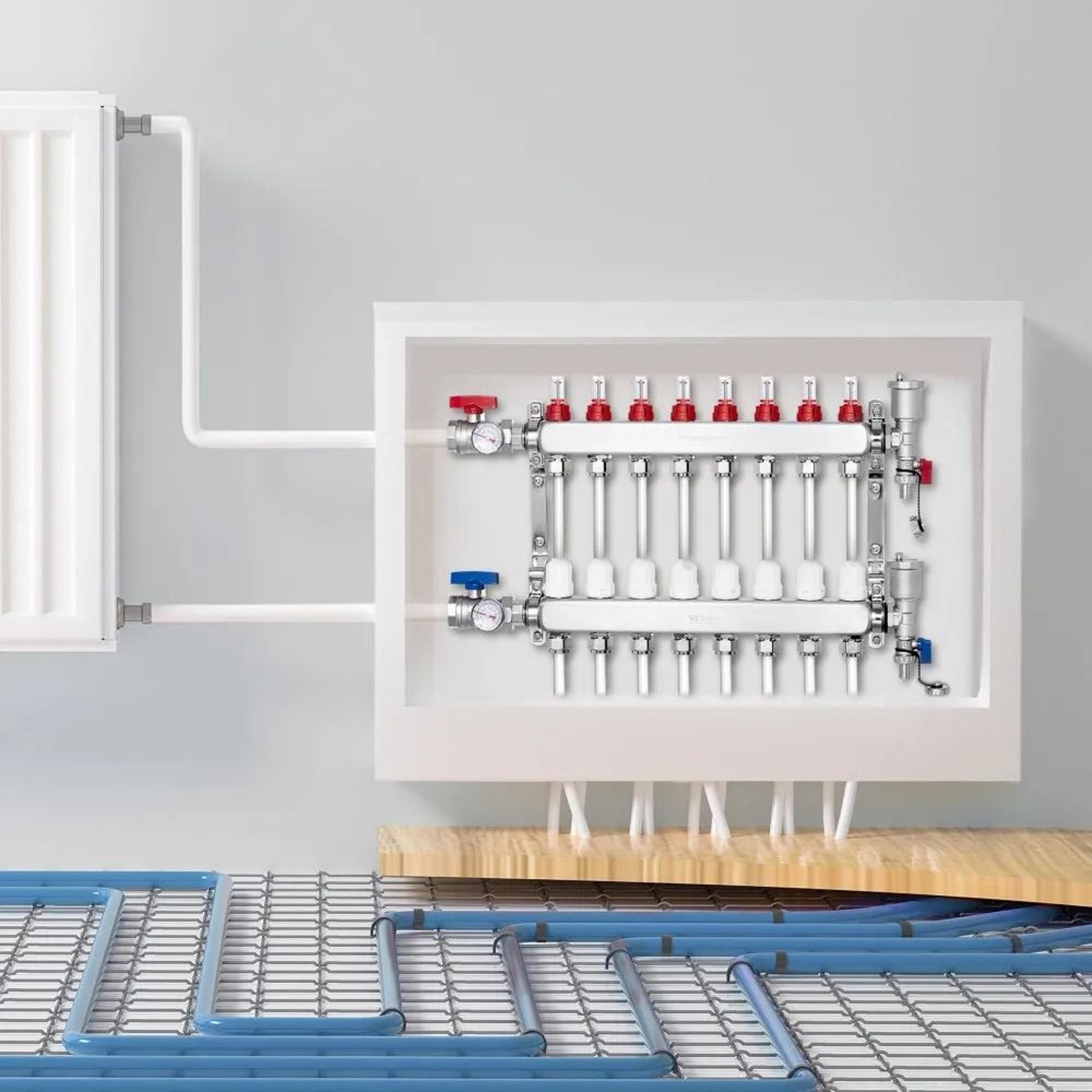 8 branch radiant heat manifold 1/2 inch pex tubing manifold stainless steel hydronic heating kit