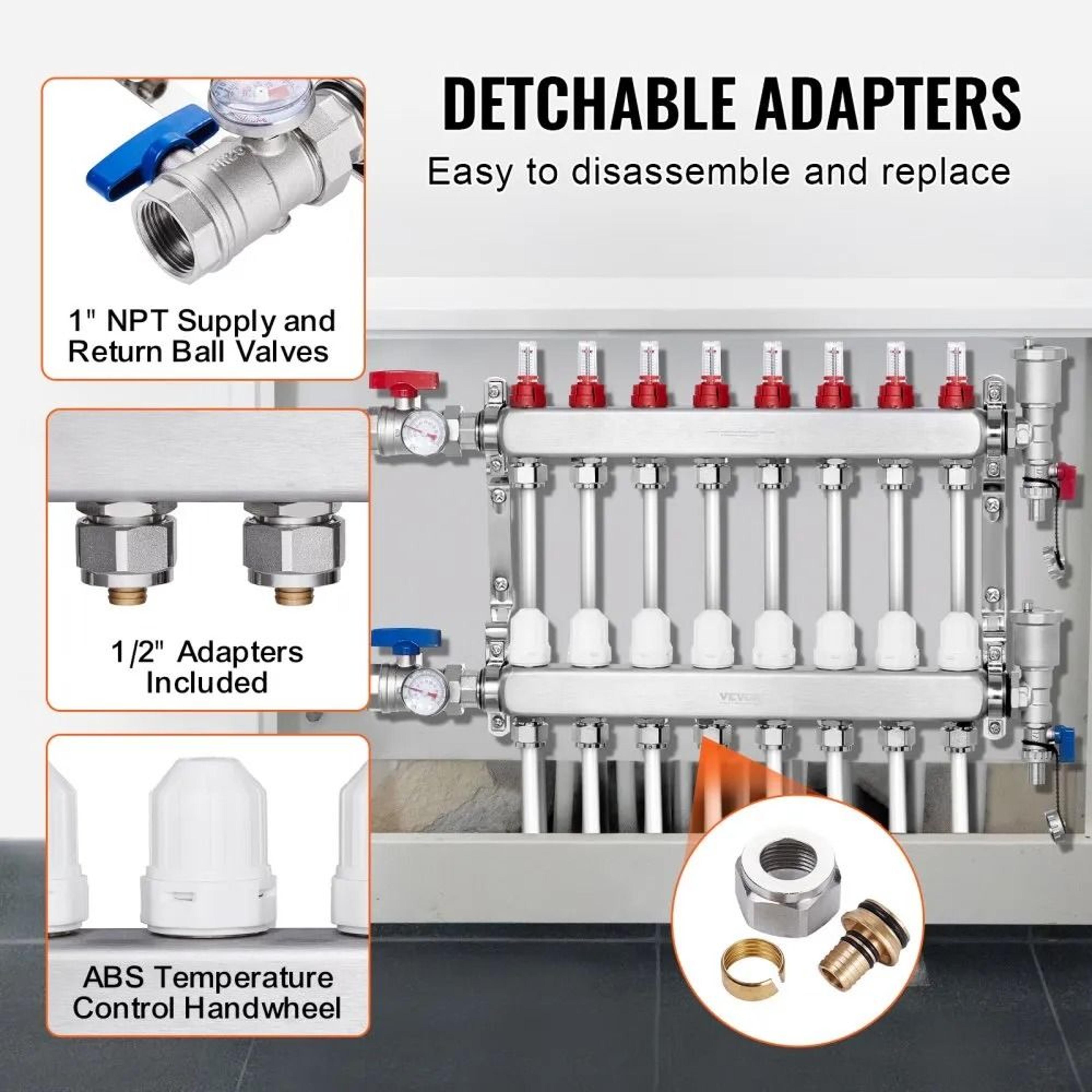 8 Branch Radiant Heat Manifold 12 Inch PEX Tubing Manifold Stainless Steel Hydronic Heating Kit 2
