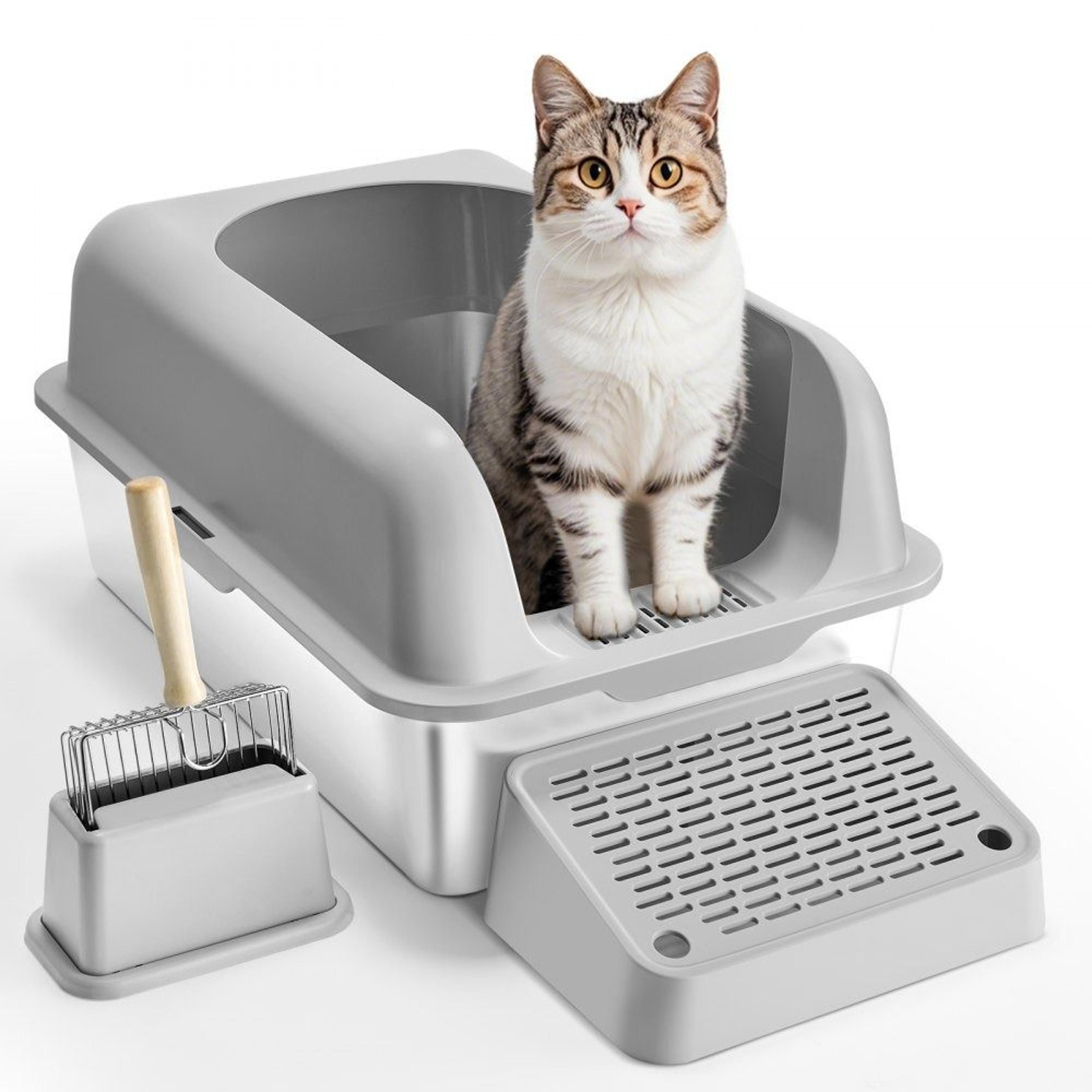 xl stainless steel cat litter box with high sides filtering foot board and scoop