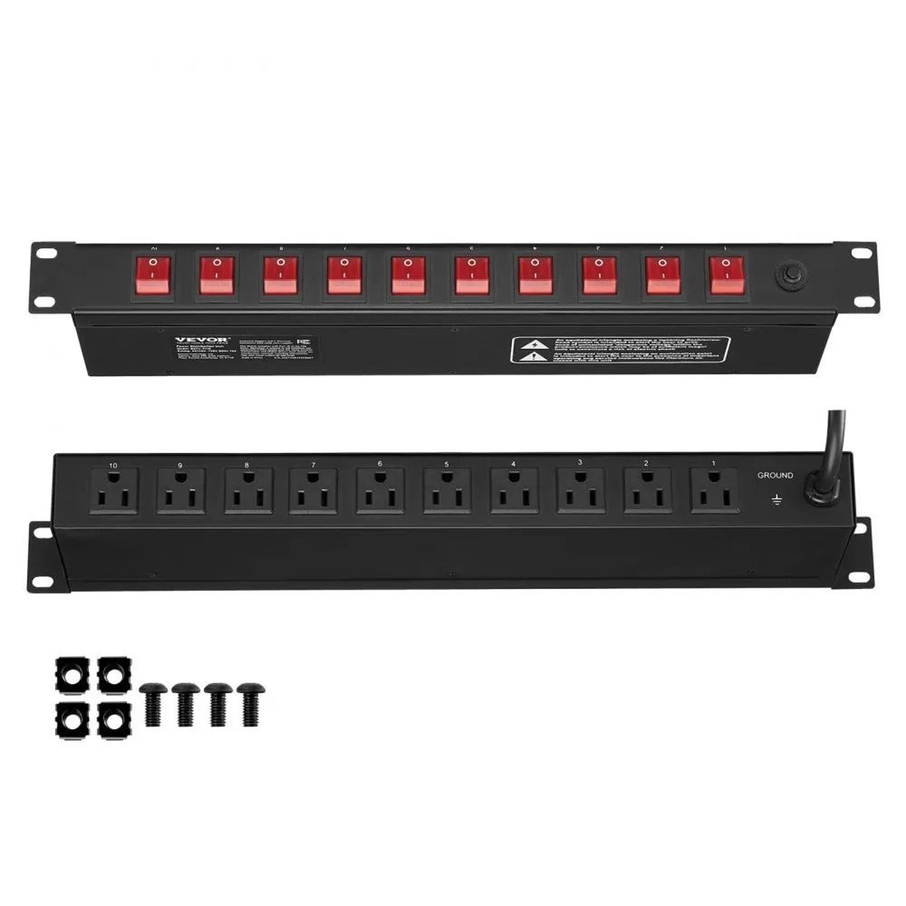 1u rack mount pdu 10 outlet power strip with individual switches and surge protection