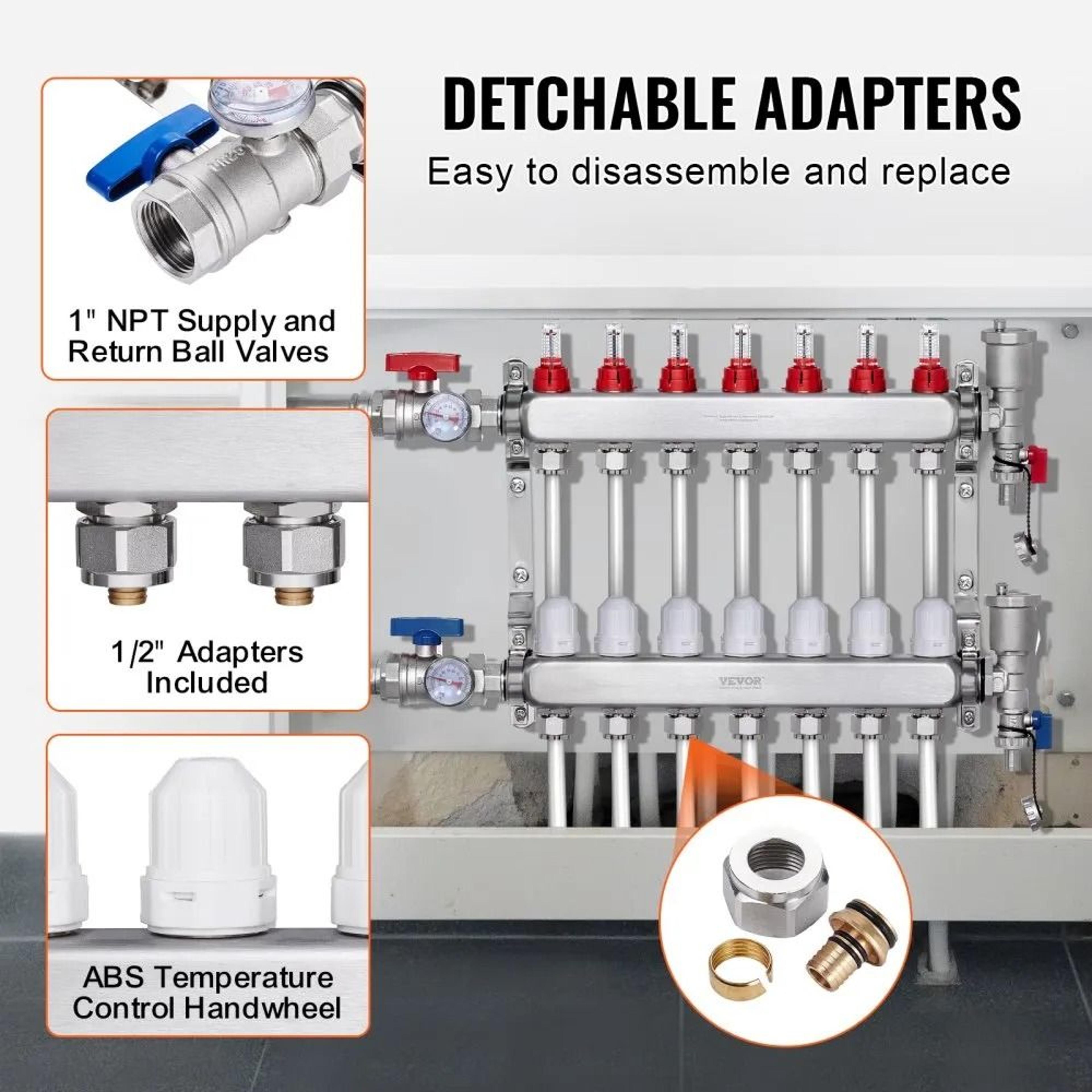 7 Branch Radiant Heat Manifold Stainless Steel PEX Manifold Kit For Hydronic Floor Heating 6