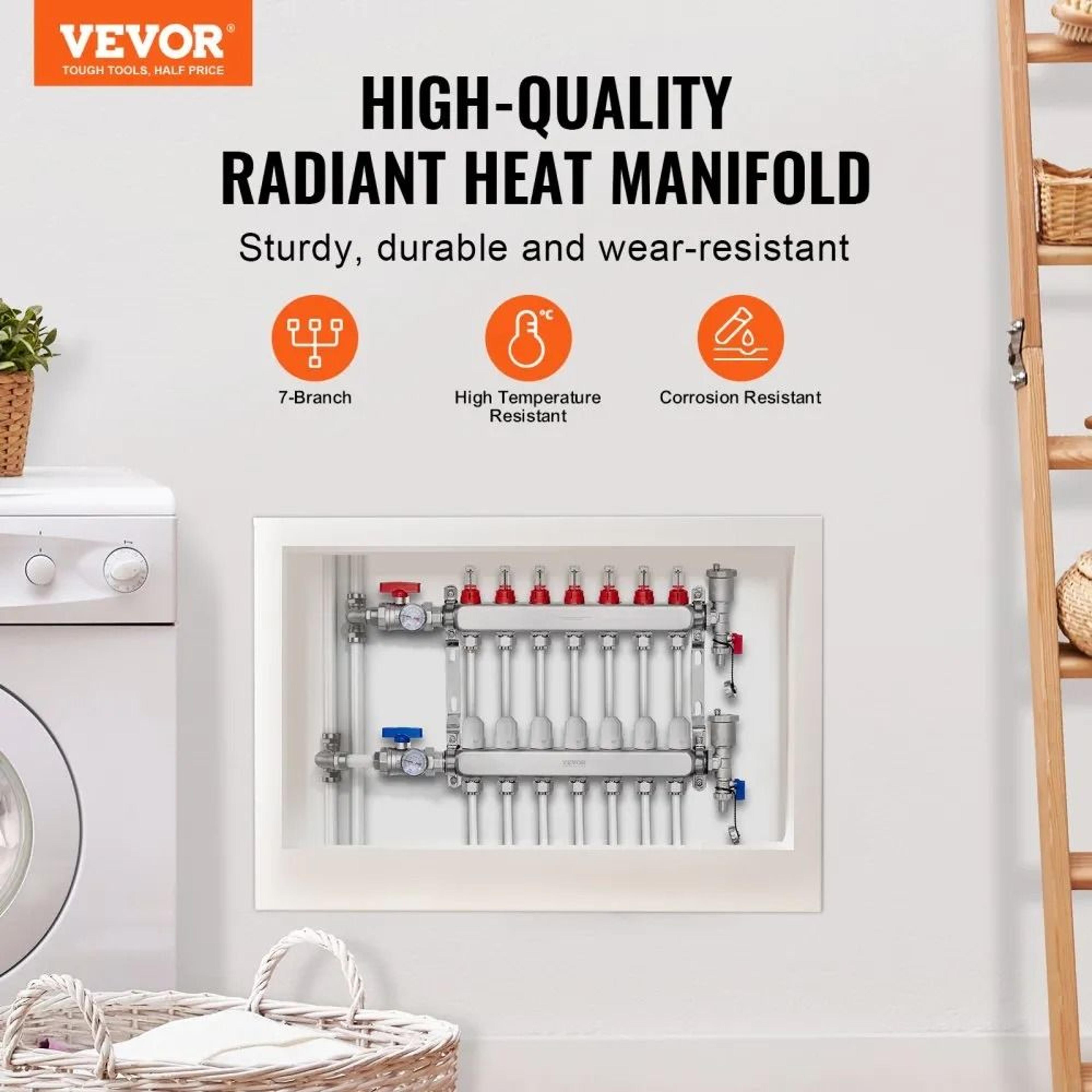 7 Branch Radiant Heat Manifold Stainless Steel PEX Manifold Kit For Hydronic Floor Heating 1