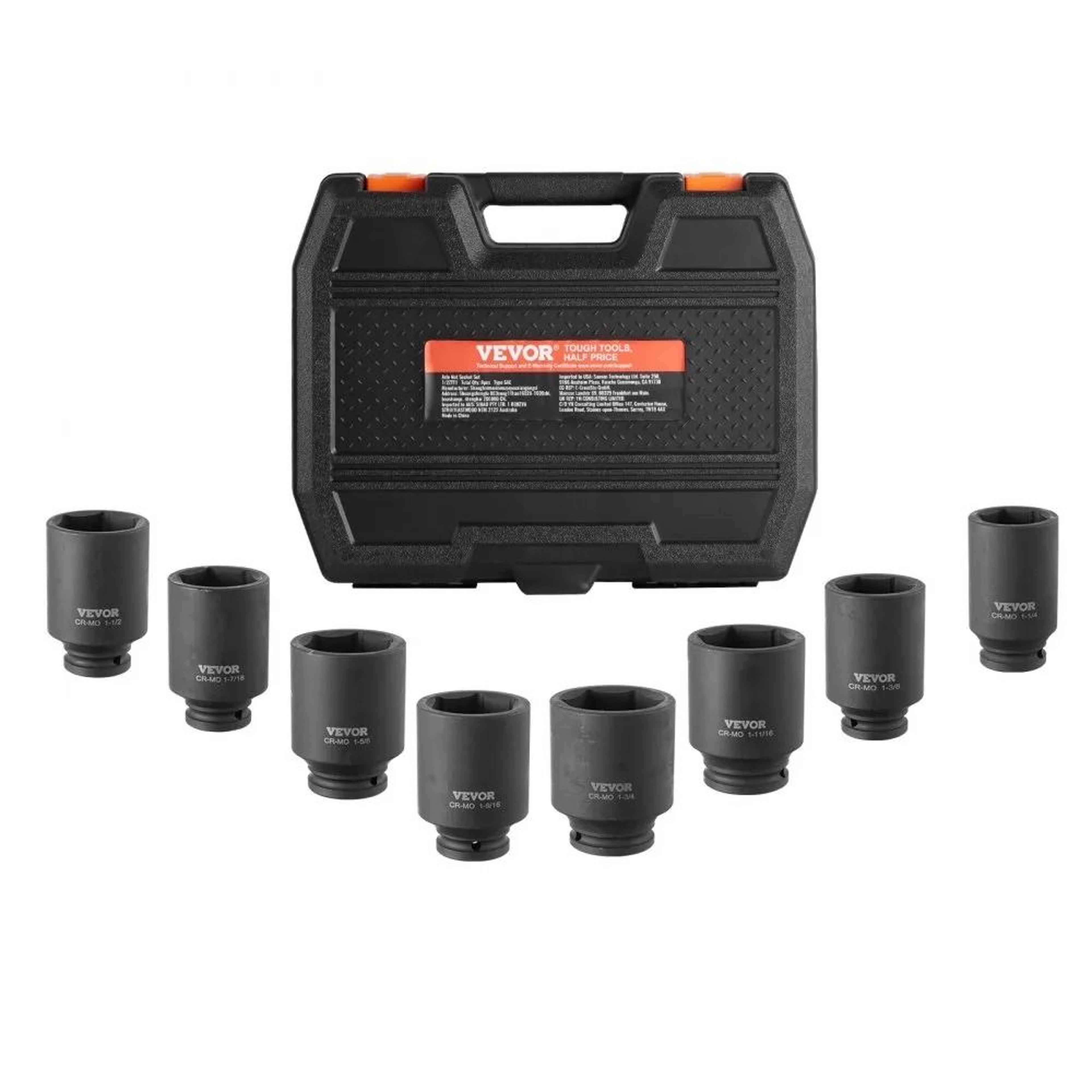 axle nut impact socket set 1/2 inch drive deep 6 point 8 piece sae cr mo socket set
