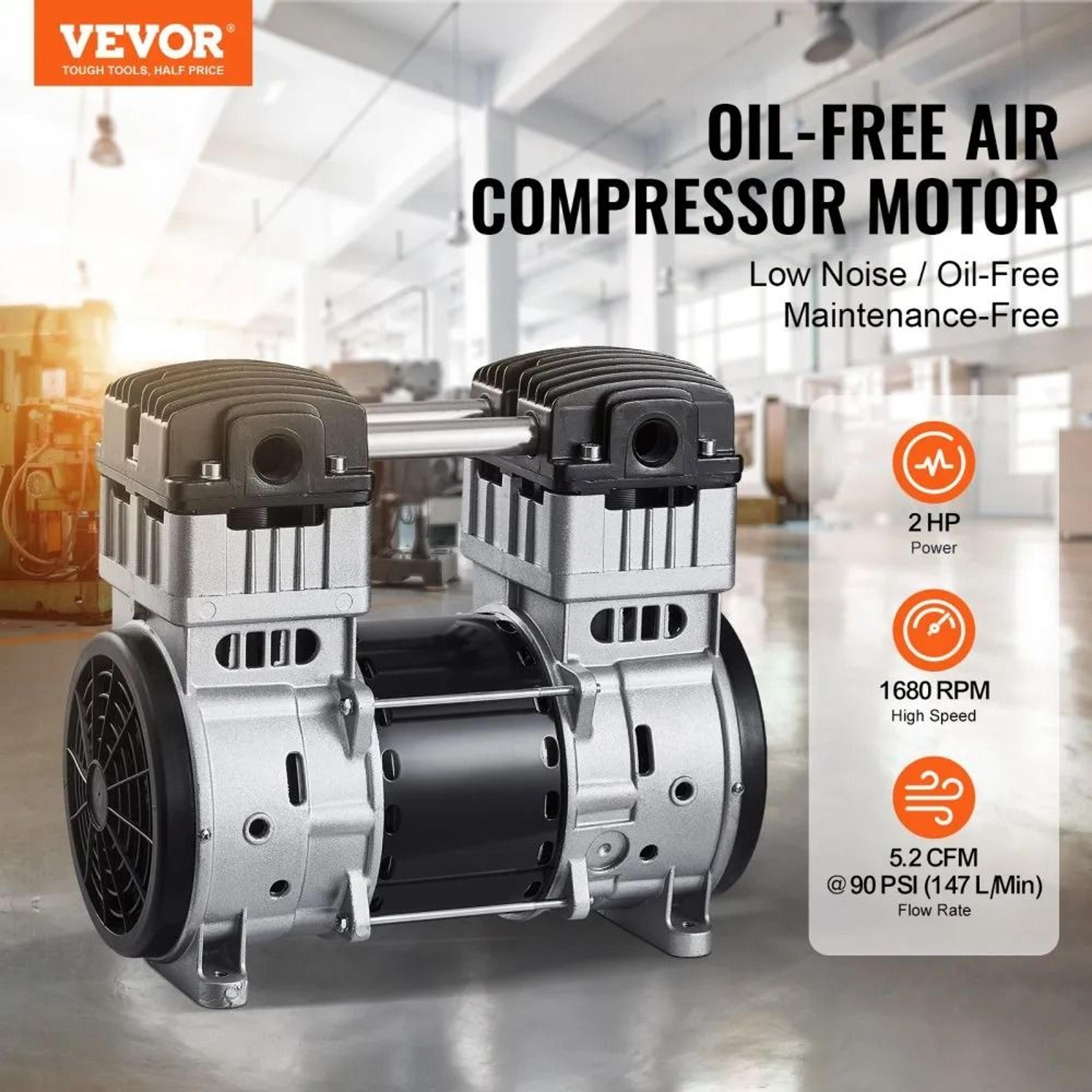 2HP Oil Free Air Compressor Motor 52 CFM 145 PSI 78dB Single Stage Pump 1