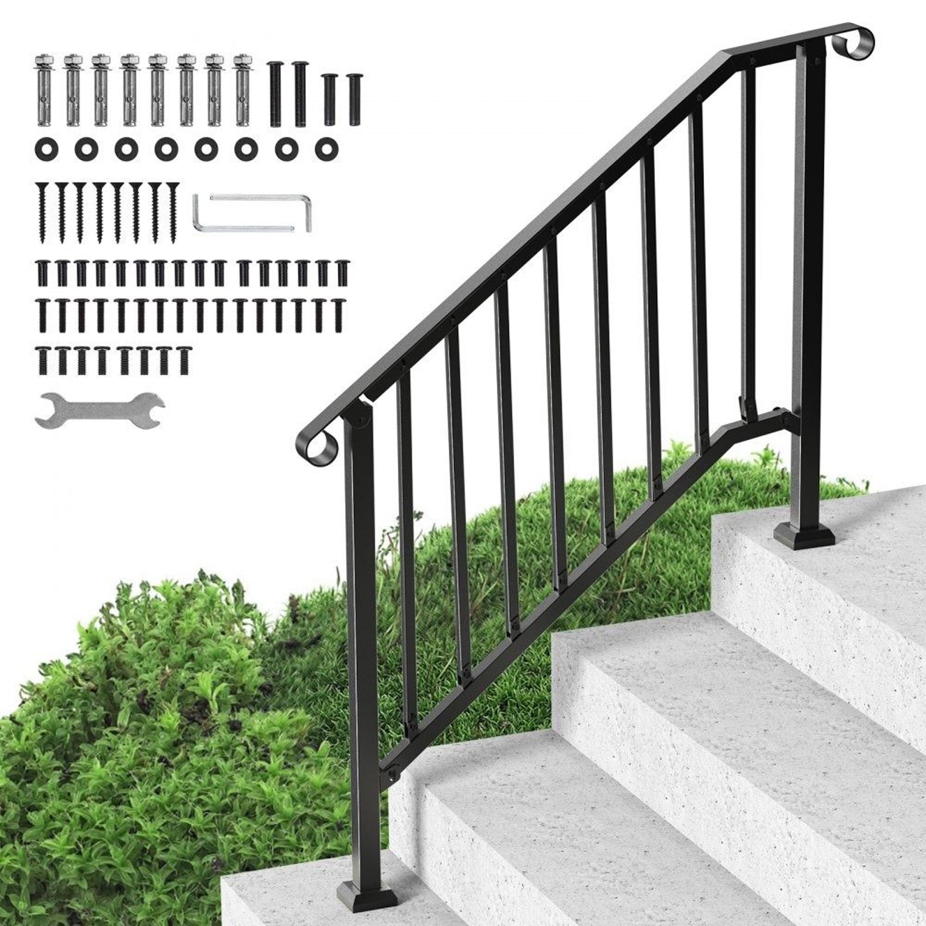 outdoor stair handrail for 3-4 steps iron railing kit with installation hardware black