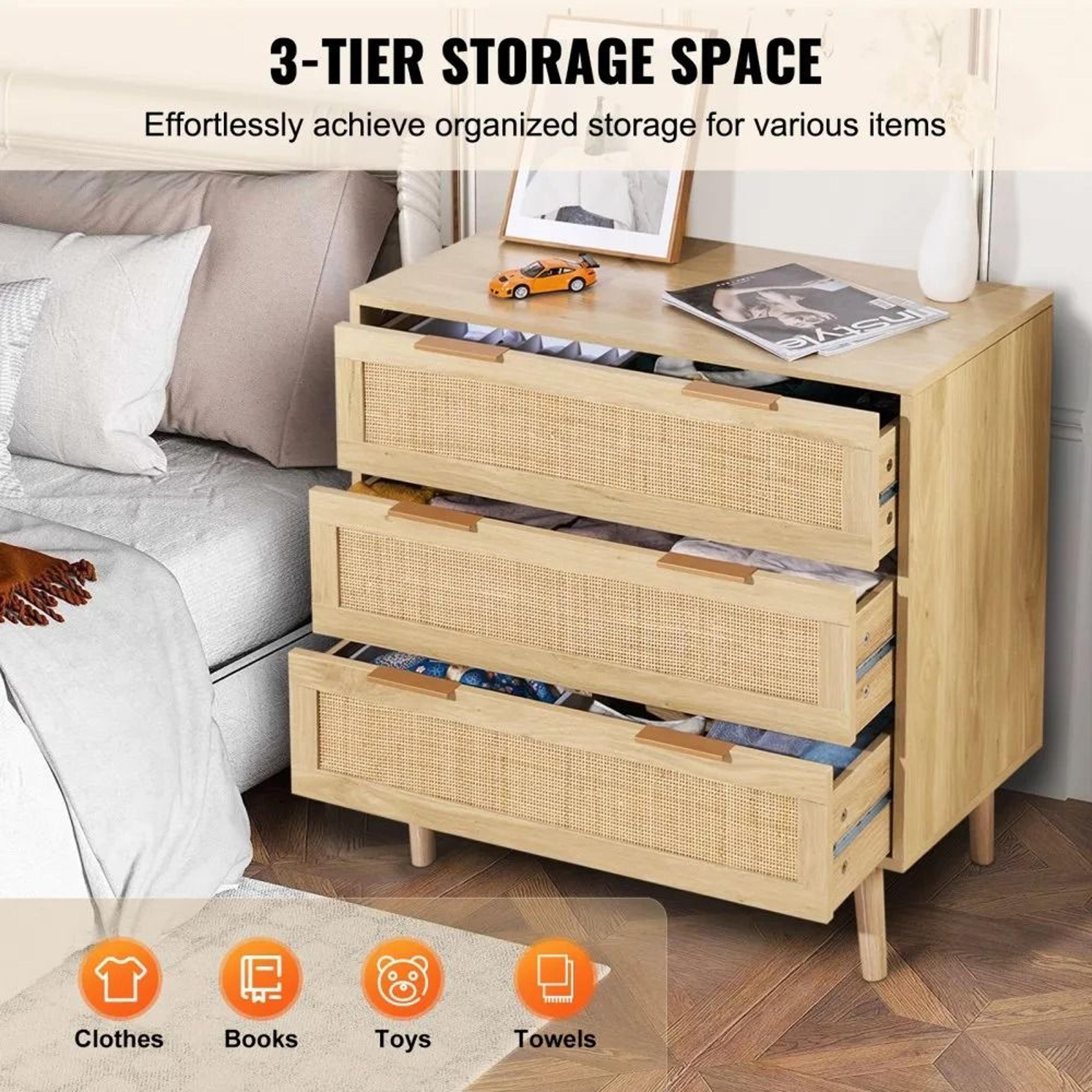 3 Drawer Rattan Dresser With Natural Wood Finish And Storage Drawers 1