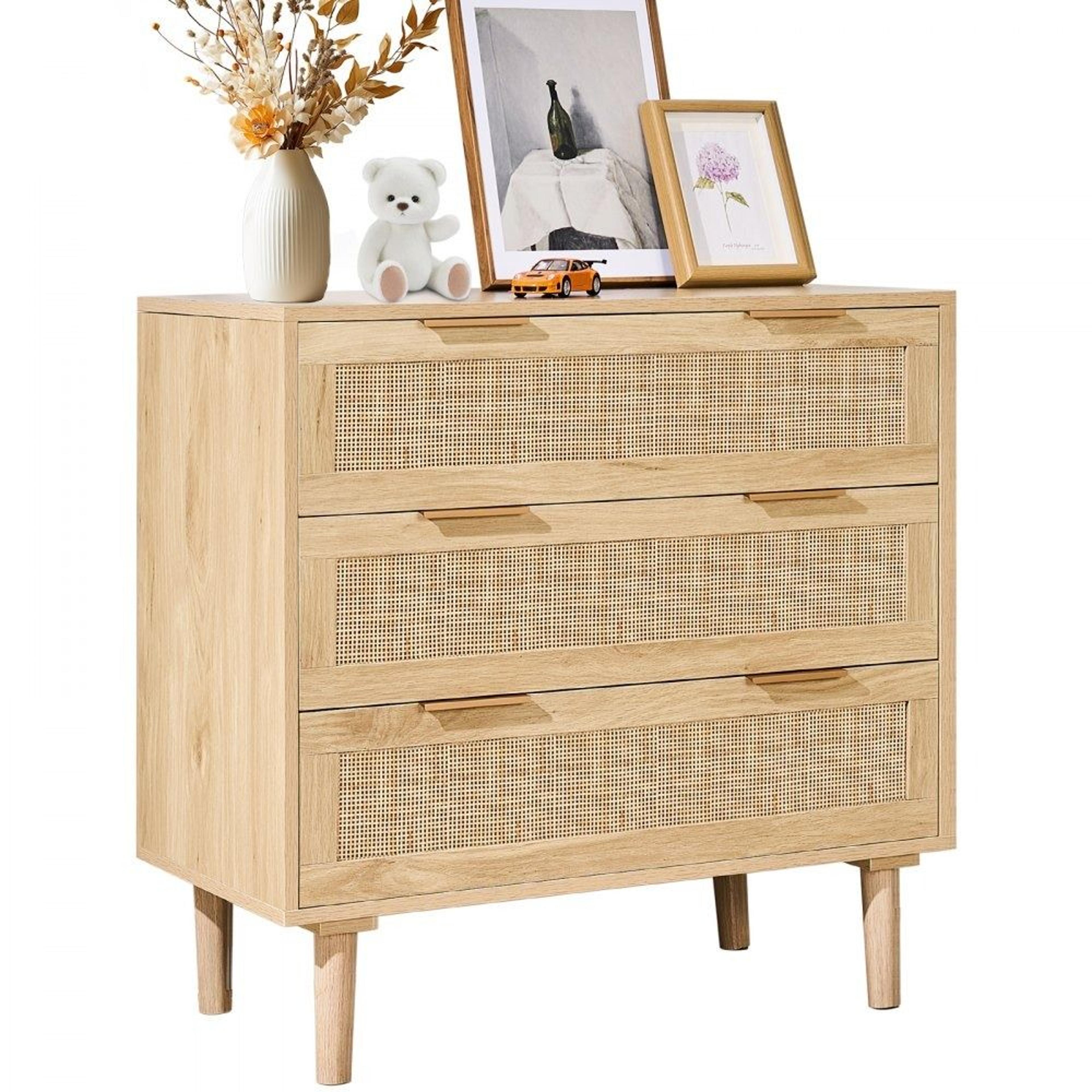 3 drawer rattan dresser with natural wood finish and storage drawers
