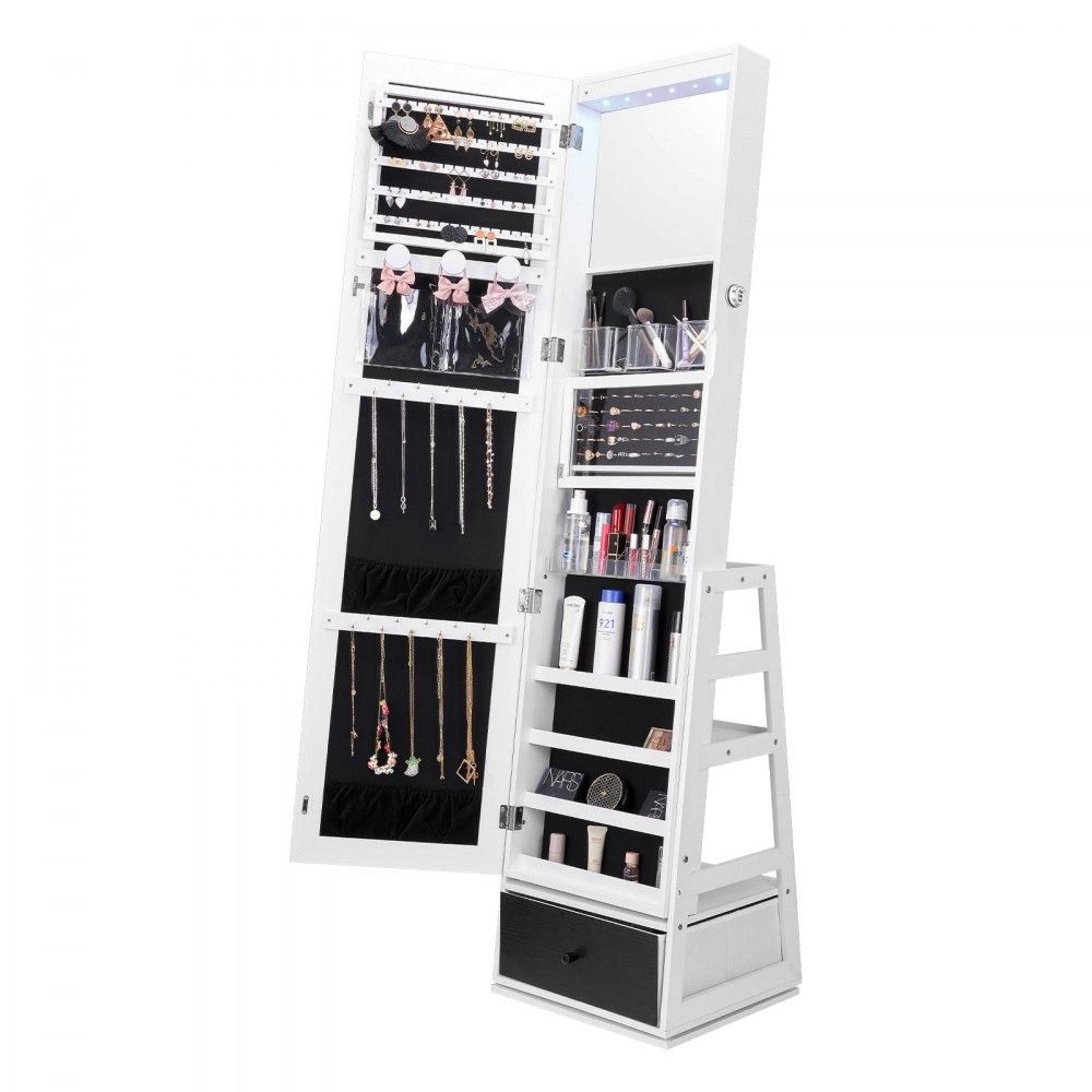 mirror jewelry cabinet with 360 degree swivel full length mirror led light drawer and storage