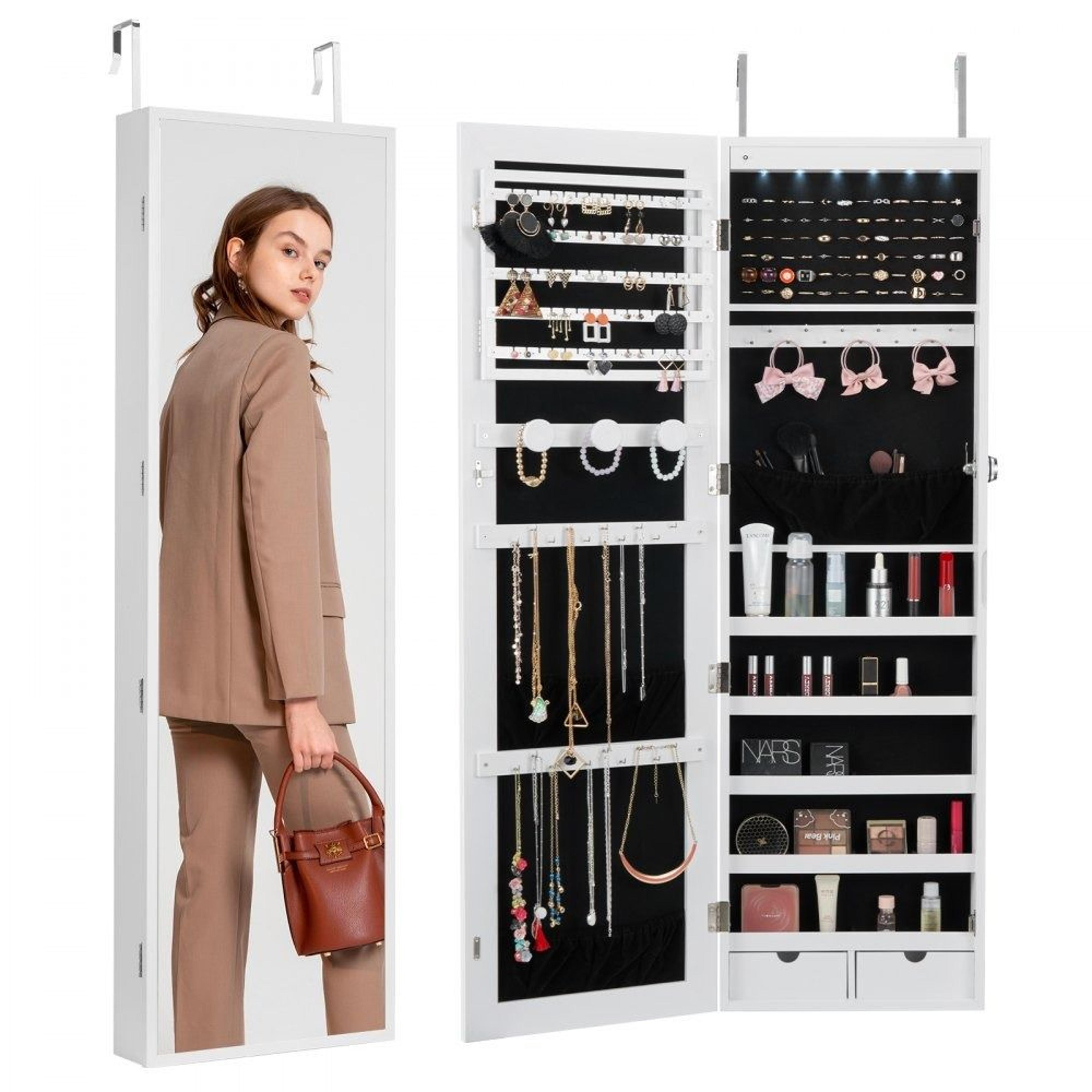 lockable mirror jewelry cabinet with full length mirror led interior lights and velvet lining