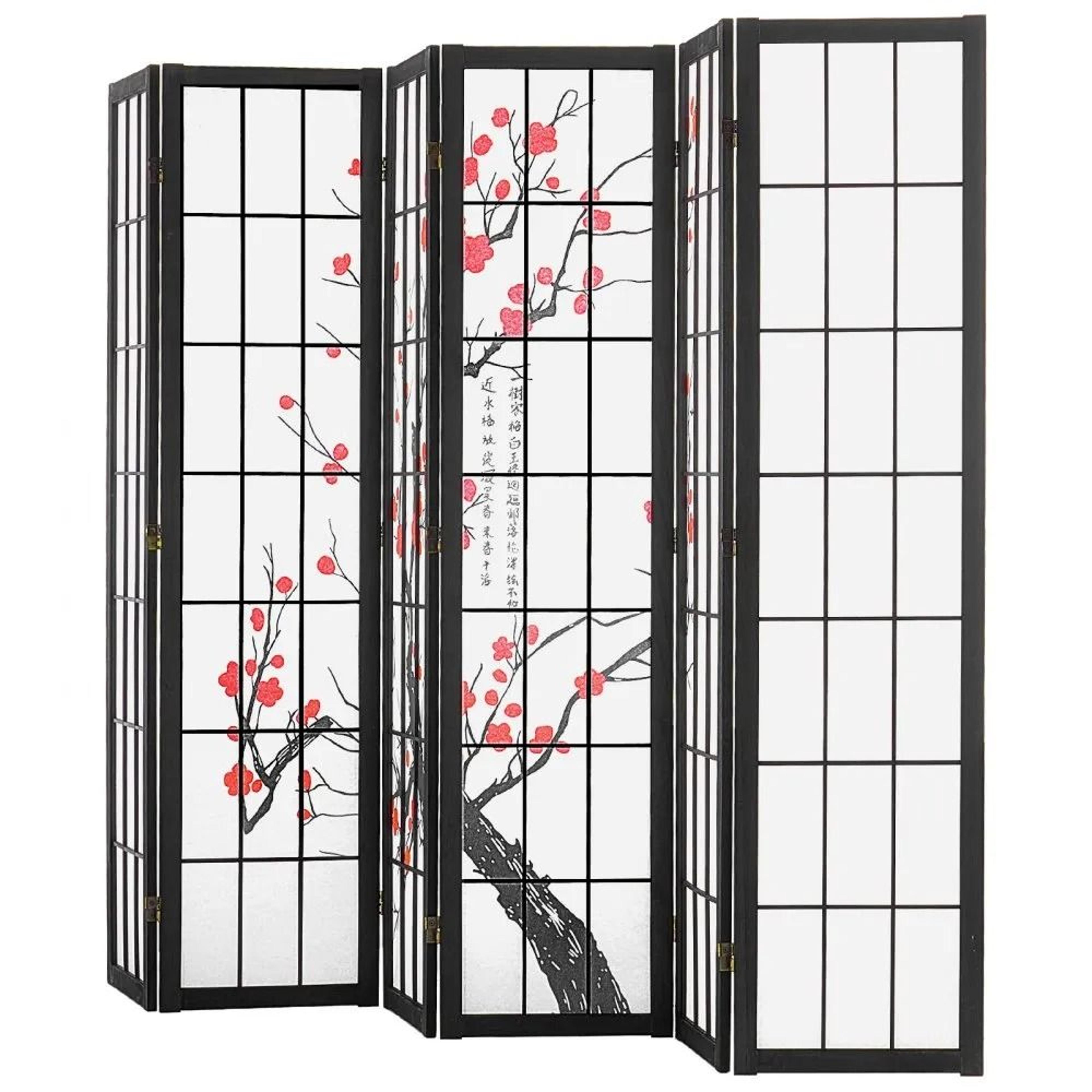 6 panel room divider folding wood privacy screen with cherry blossom design