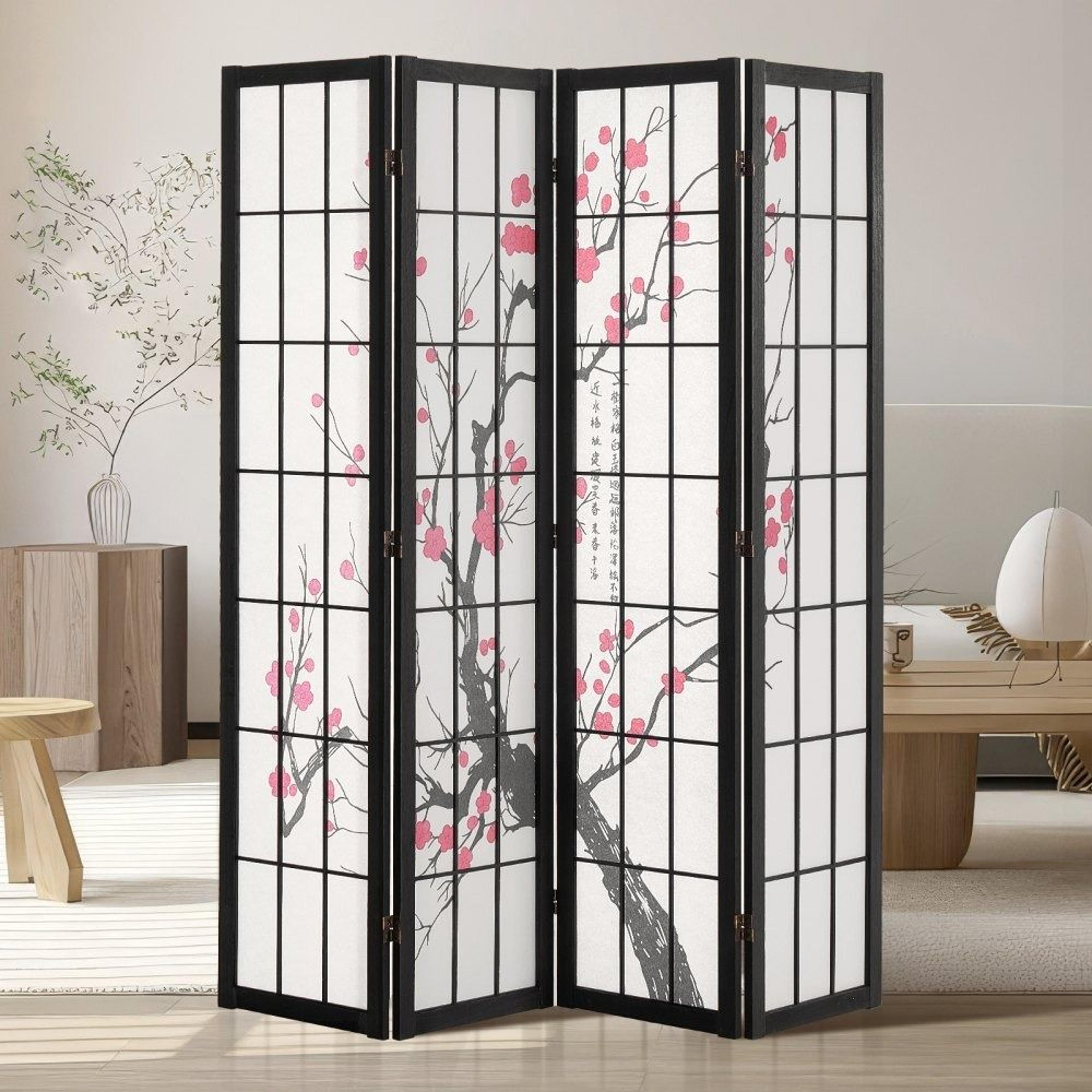 4 panel japanese room divider folding wood privacy screen with cherry blossom design