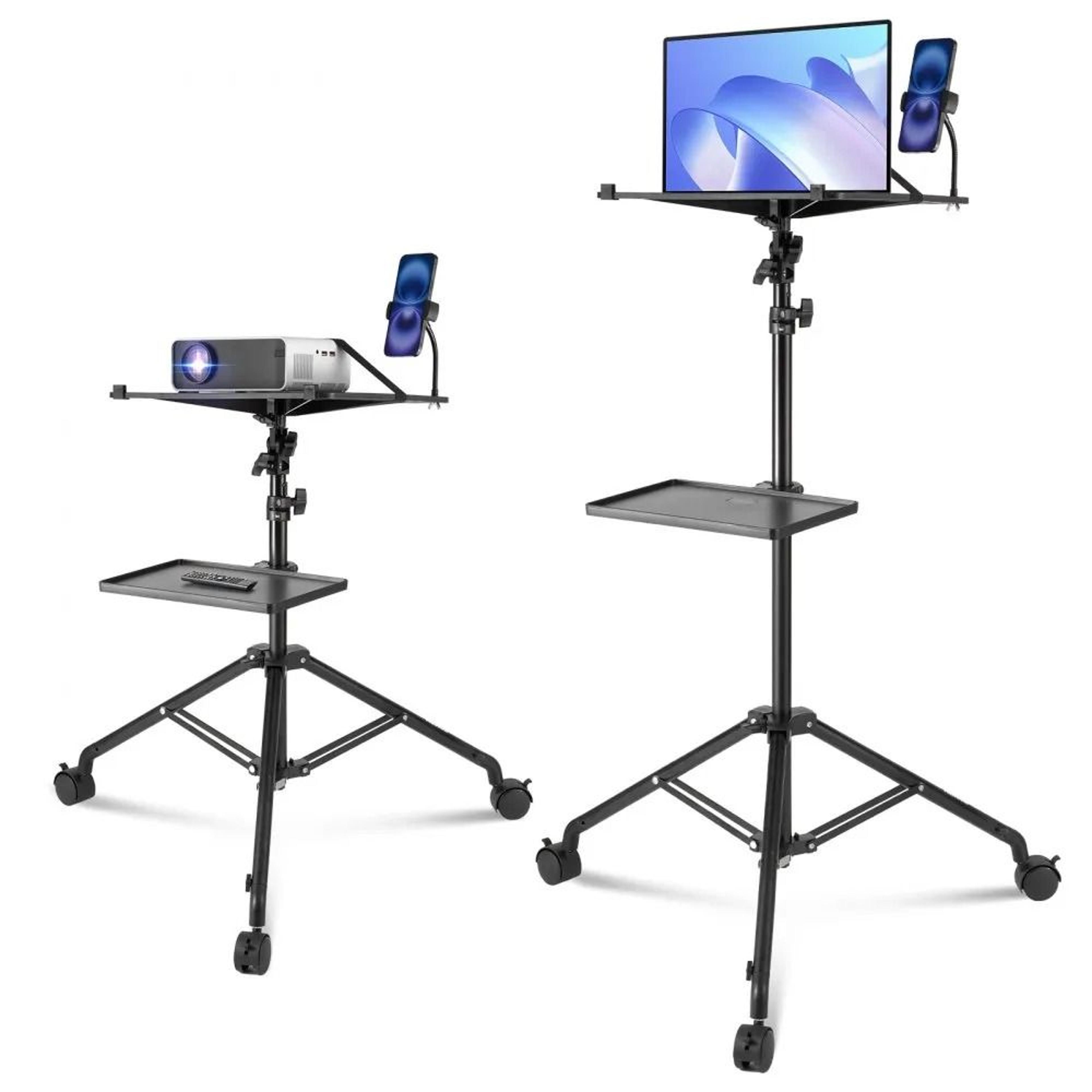 adjustable projector stand with wheels dual trays and gooseneck phone holder