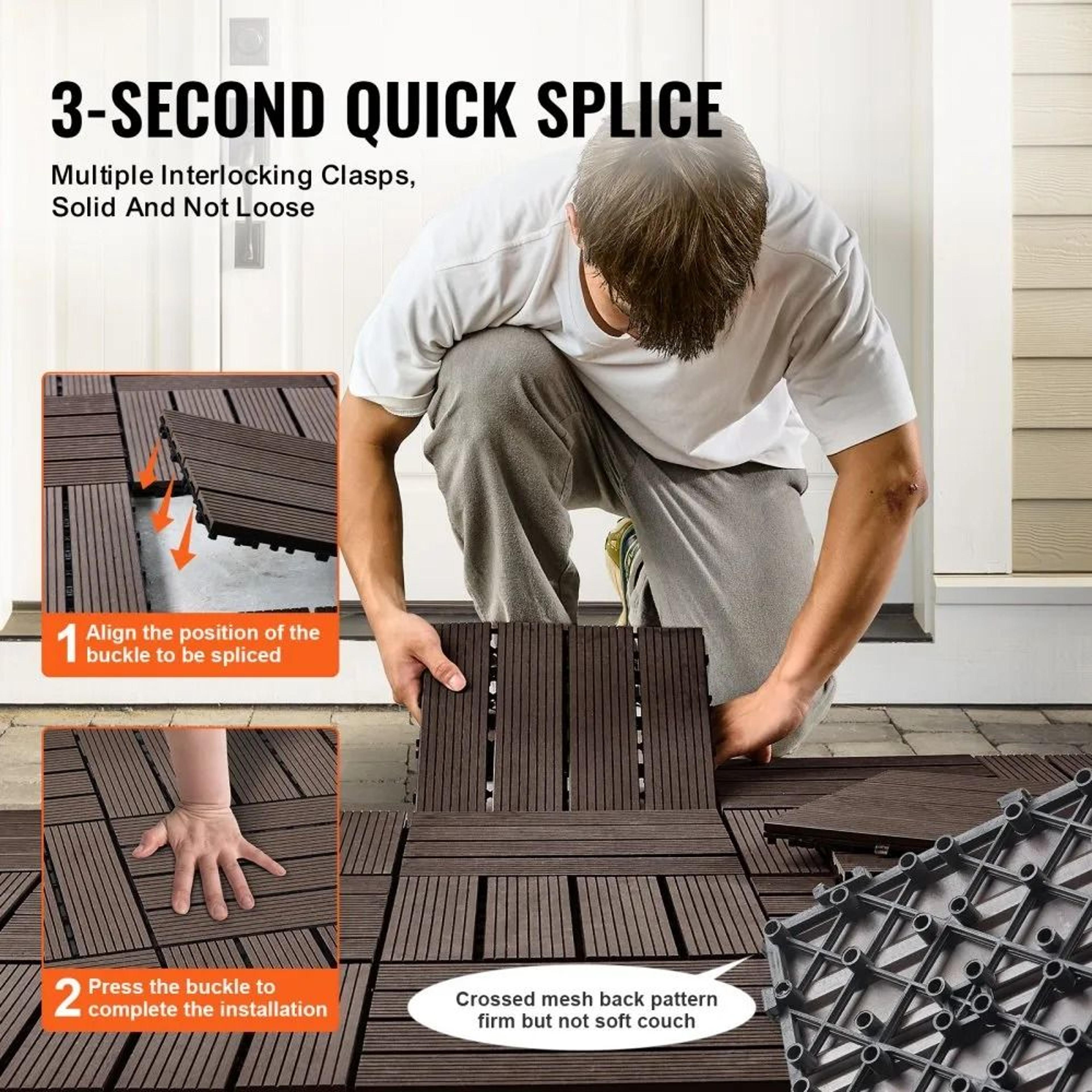 Interlocking Deck Tiles 10 Pack Waterproof WPC Outdoor Flooring Dark Brown 3