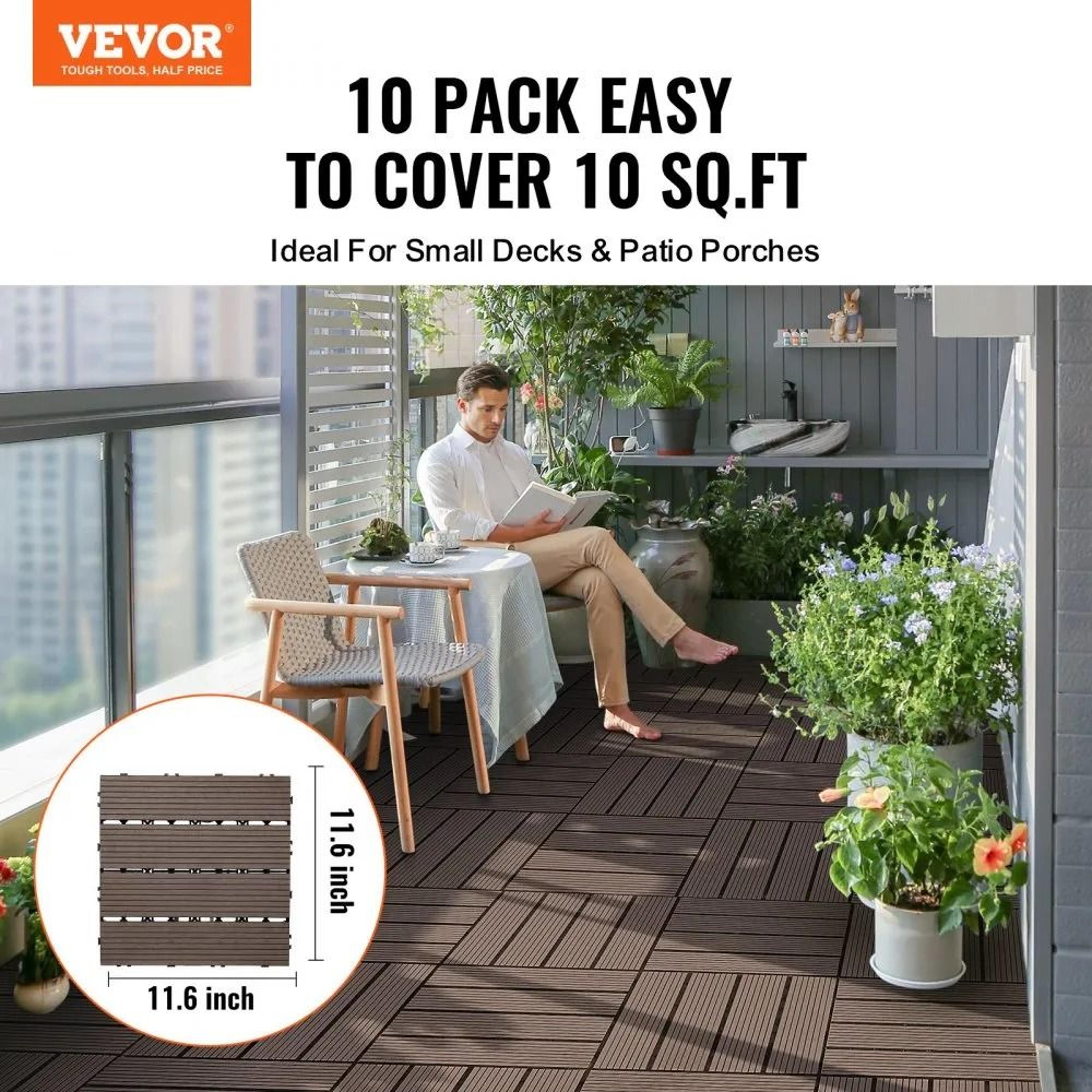 Interlocking Deck Tiles 10 Pack Waterproof WPC Outdoor Flooring Dark Brown 1