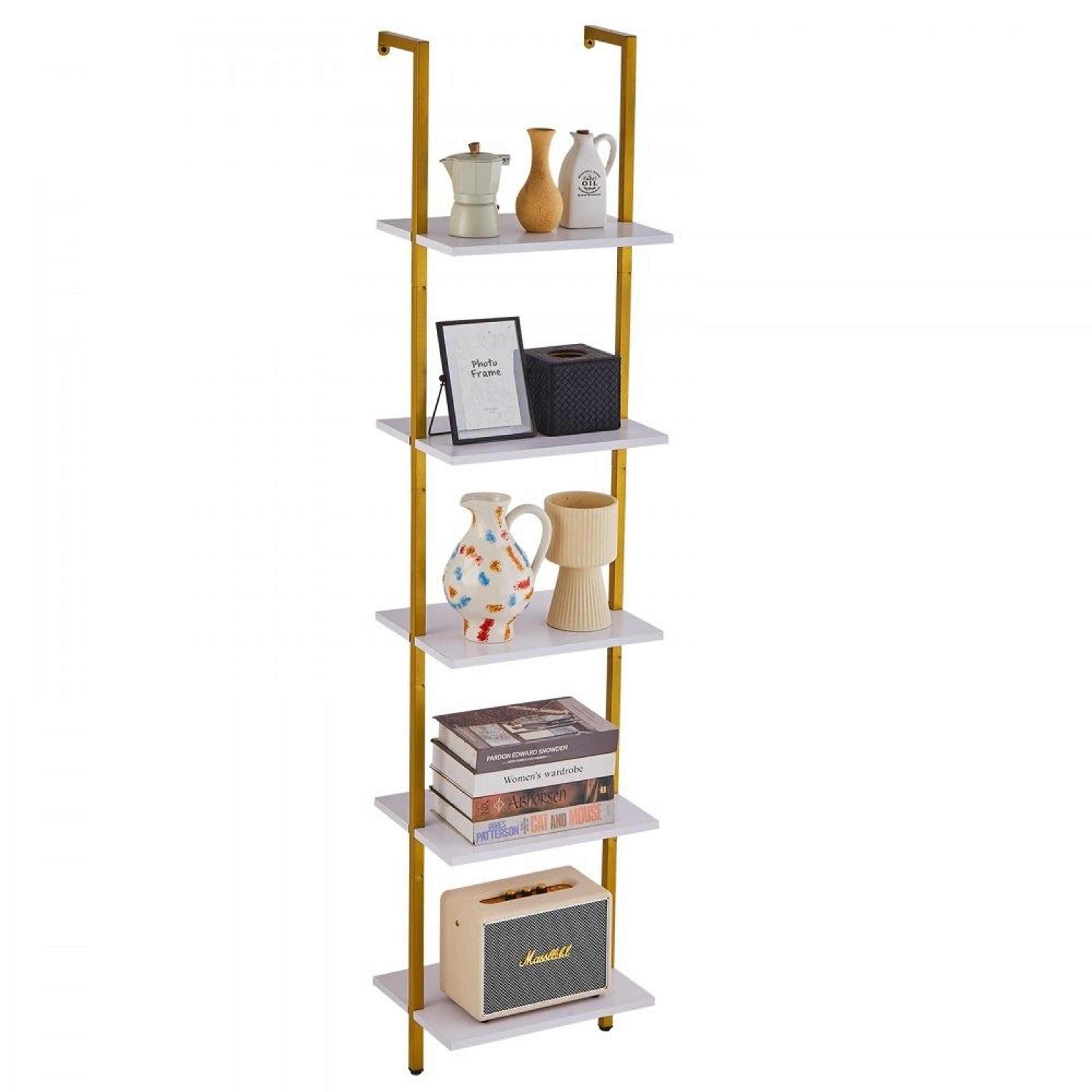 5 tier ladder shelf wall mounted storage rack with wood boards and metal frame