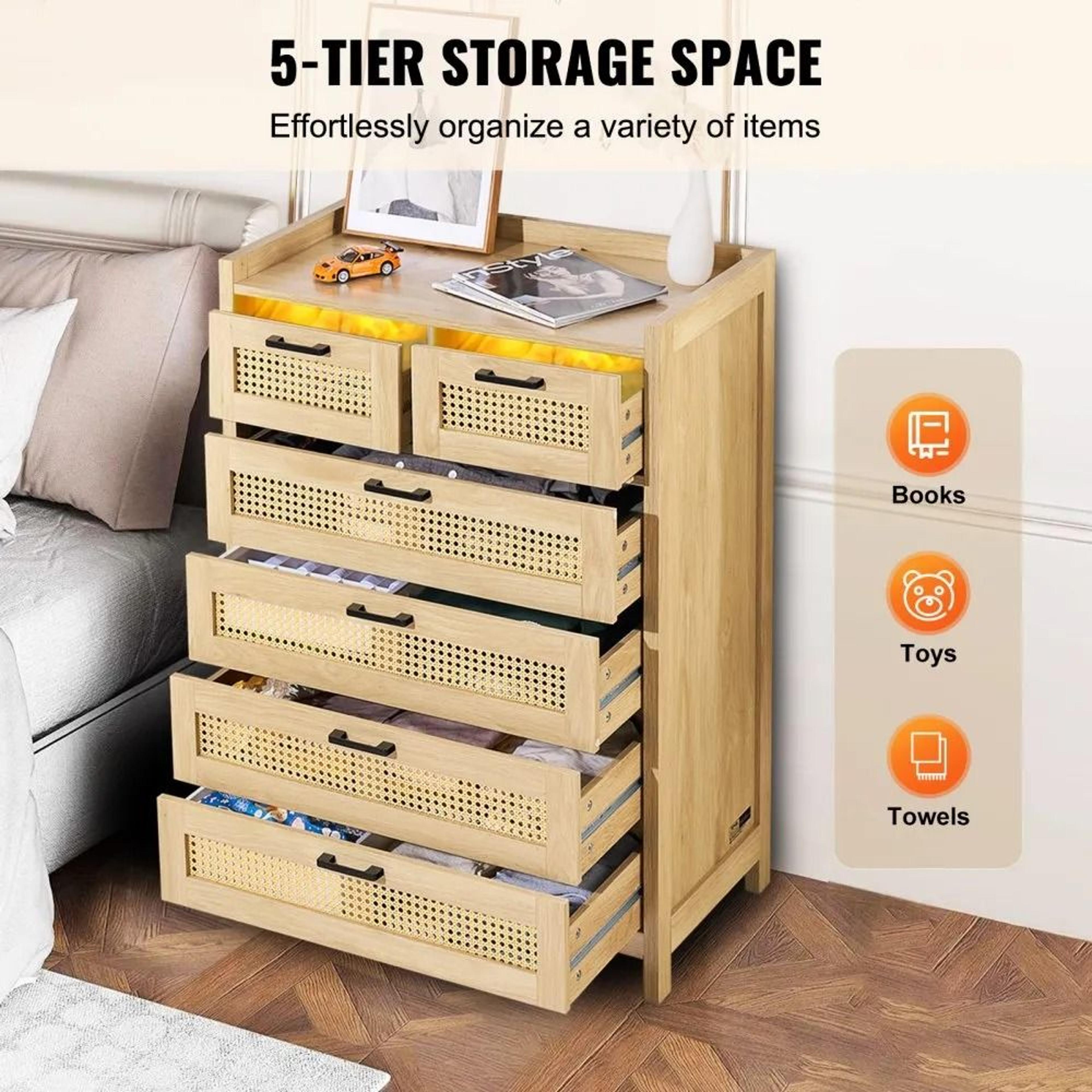 5 Drawer Rattan Dresser With LED Lighting And Spacious Storage 3