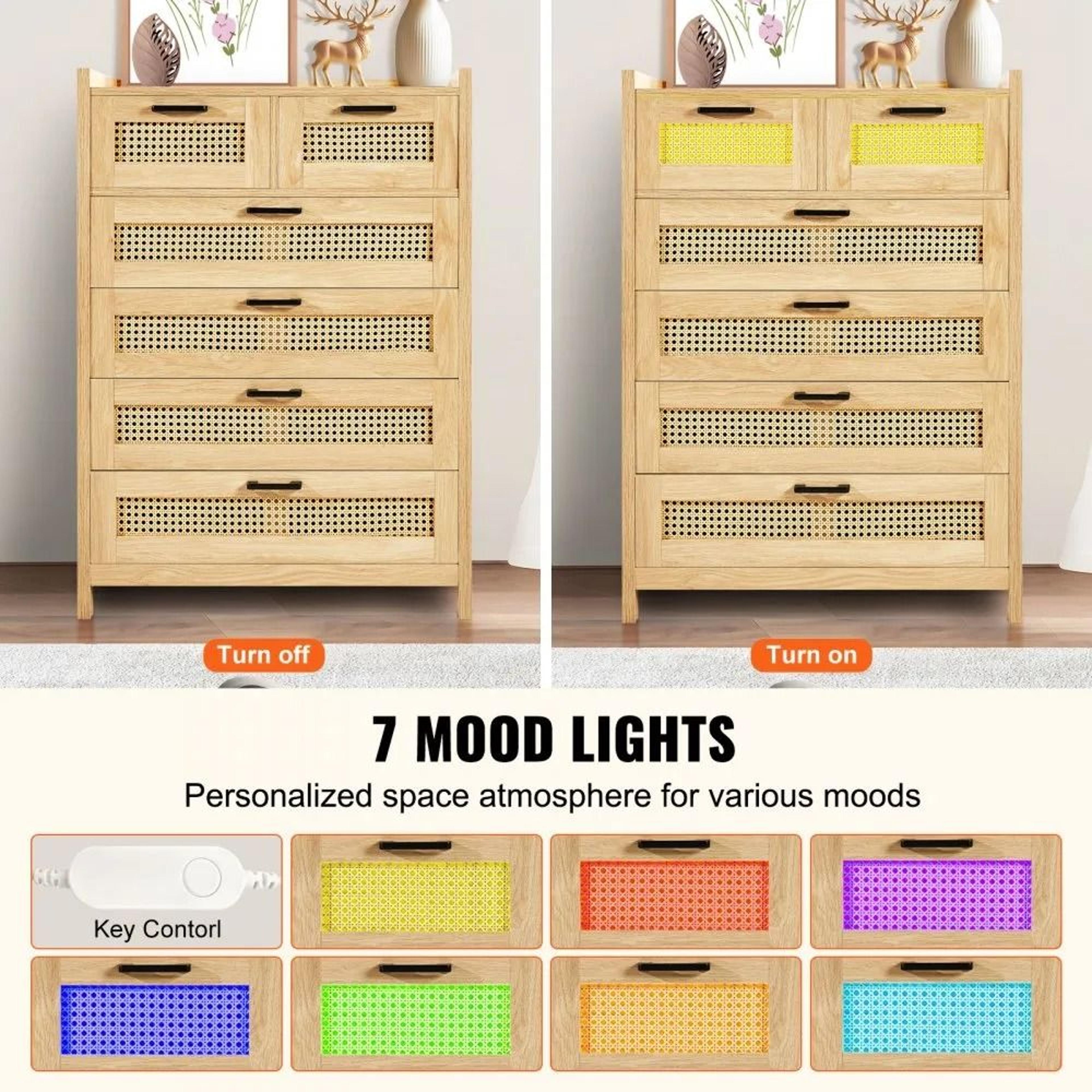 5 Drawer Rattan Dresser With LED Lighting And Spacious Storage 4