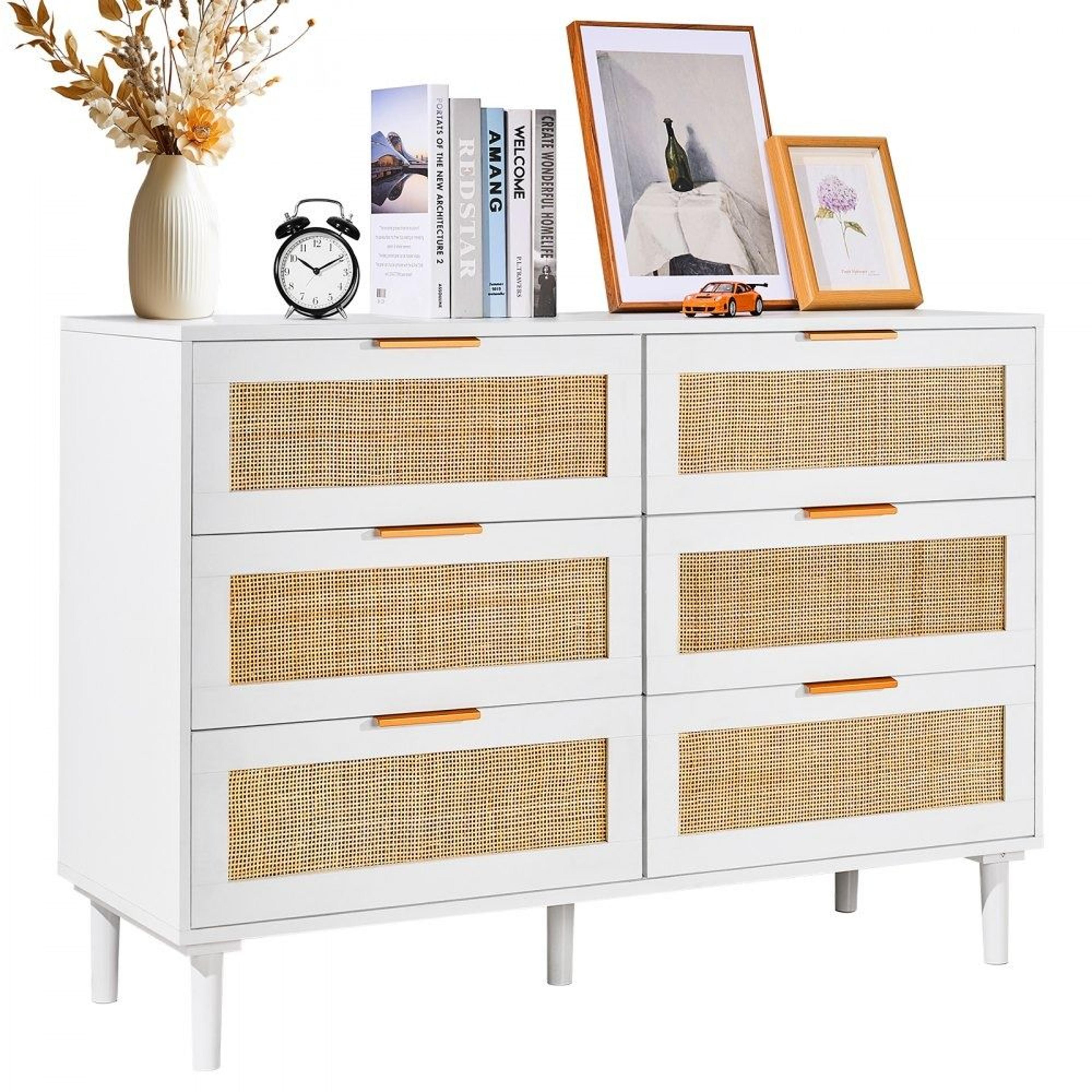 6 drawer rattan dresser with natural rattan storage and anti tip design