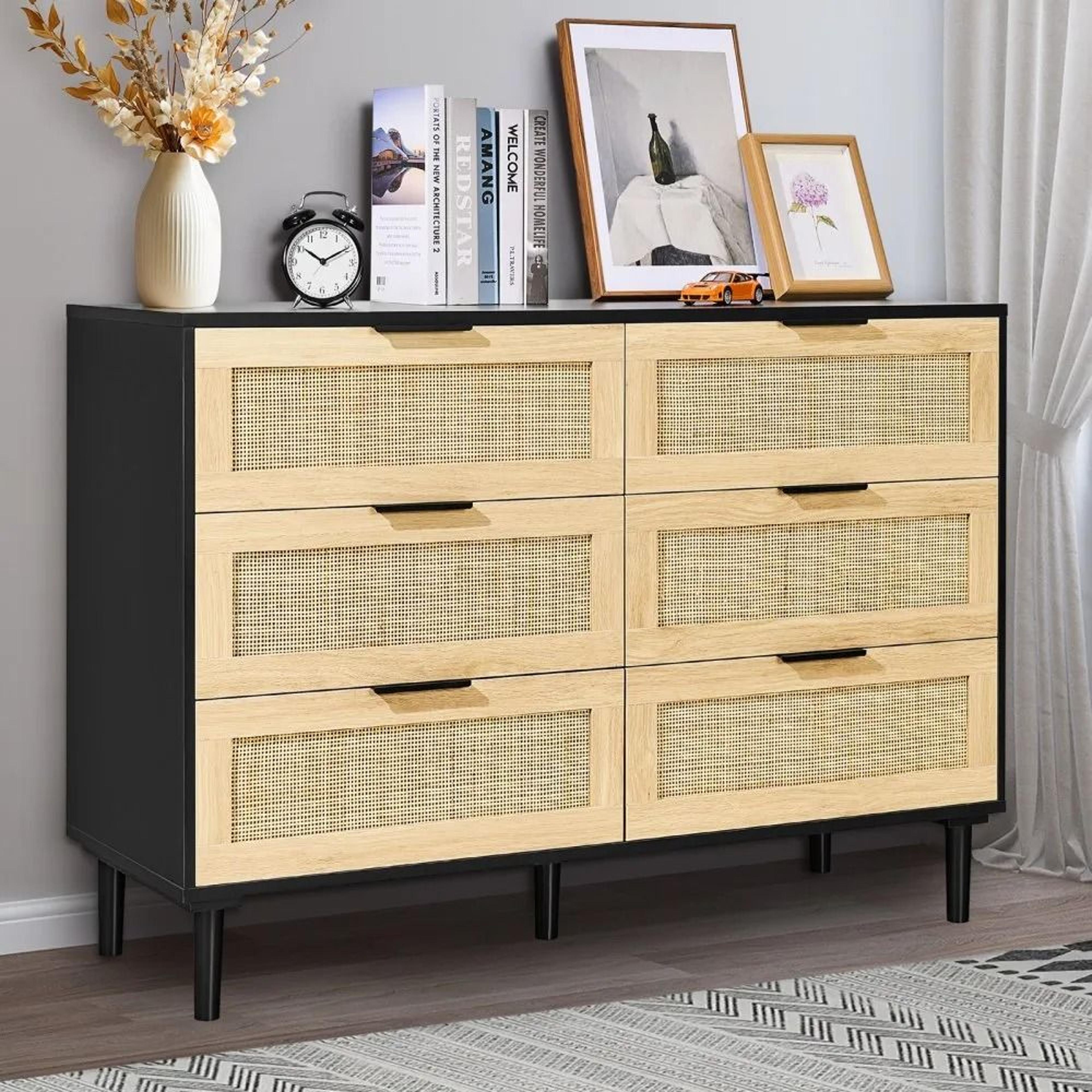 6 Drawer Rattan Dresser With Natural Rattan Fronts And Wood Storage Design 7