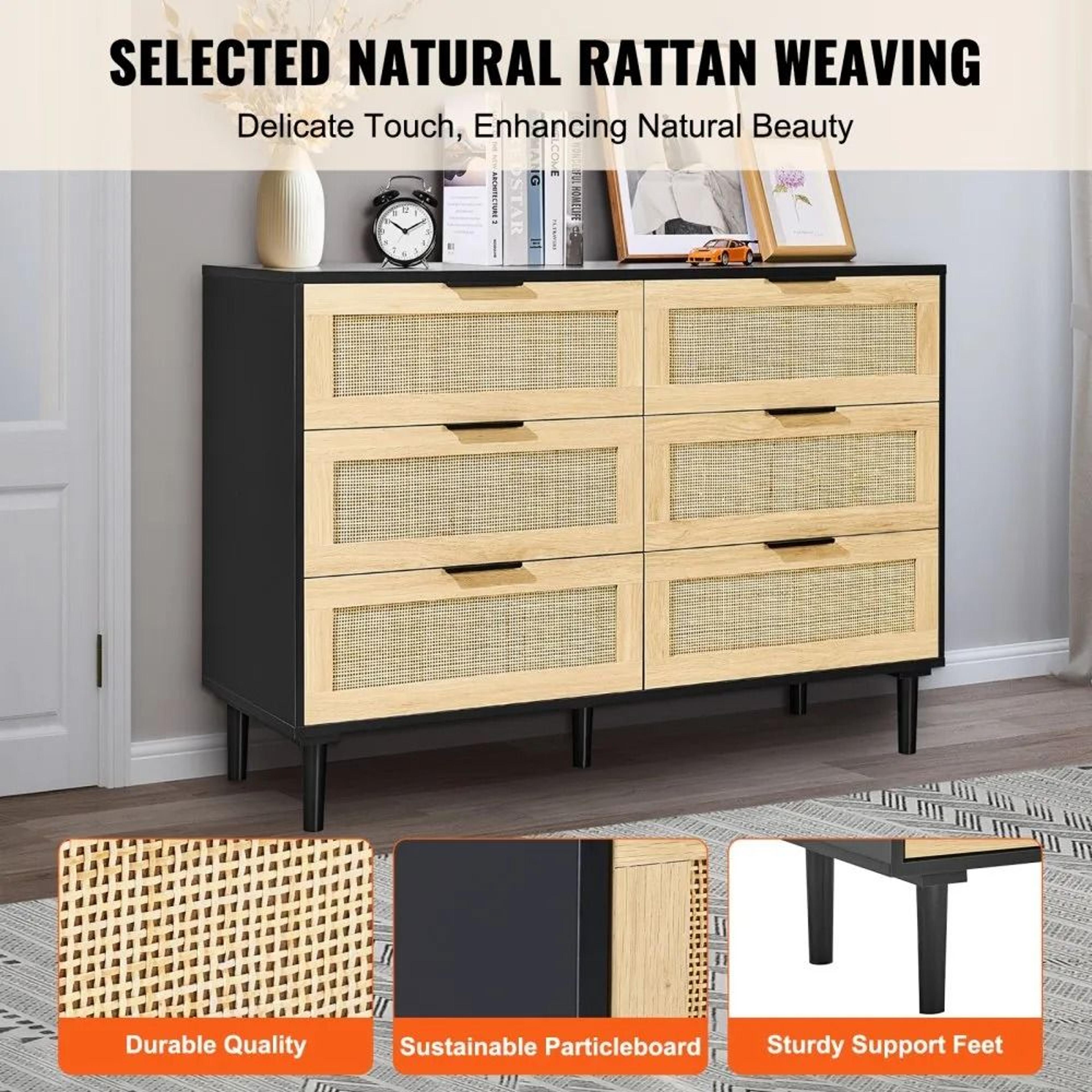 6 Drawer Rattan Dresser With Natural Rattan Fronts And Wood Storage Design 5