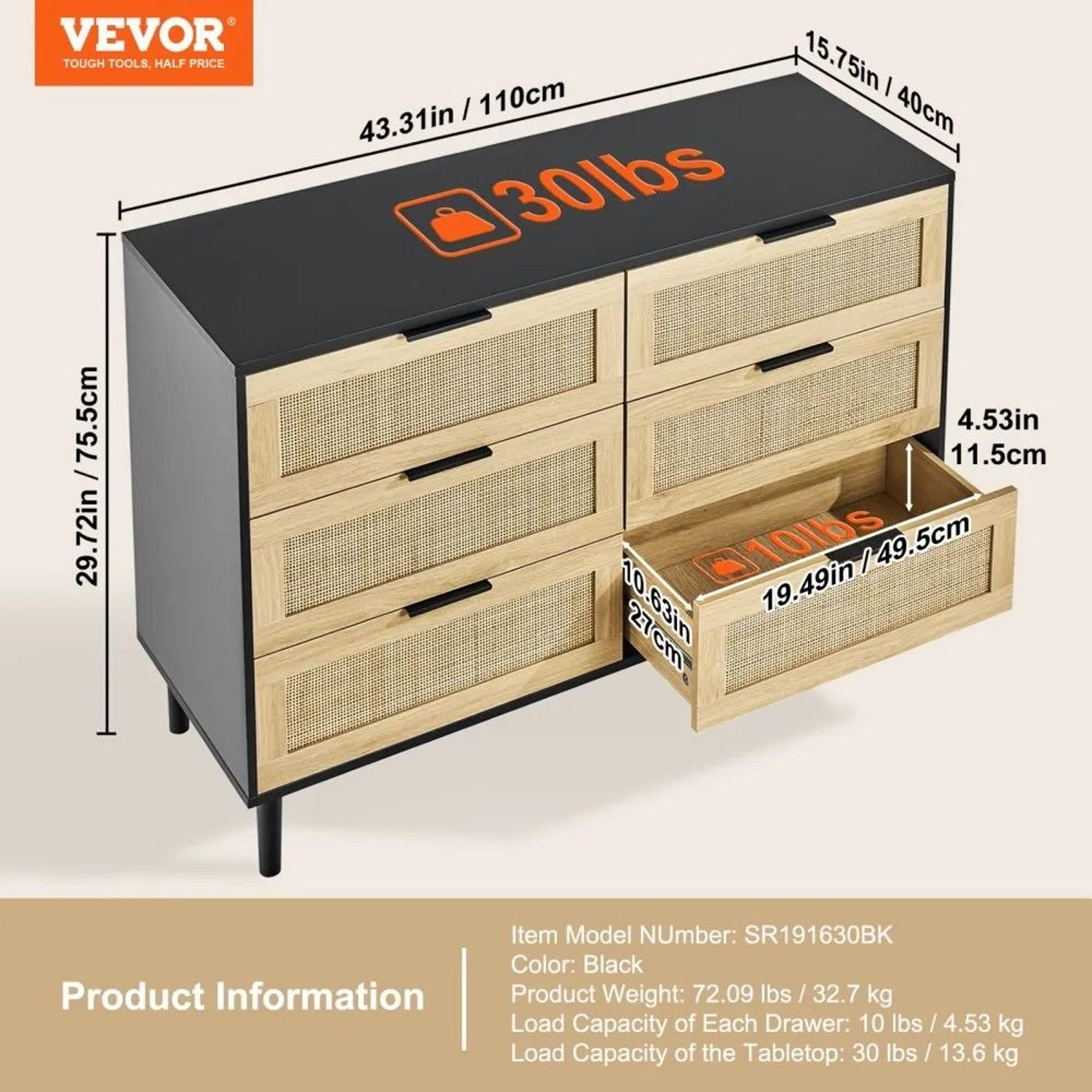 6 Drawer Rattan Dresser With Natural Rattan Fronts And Wood Storage Design 2