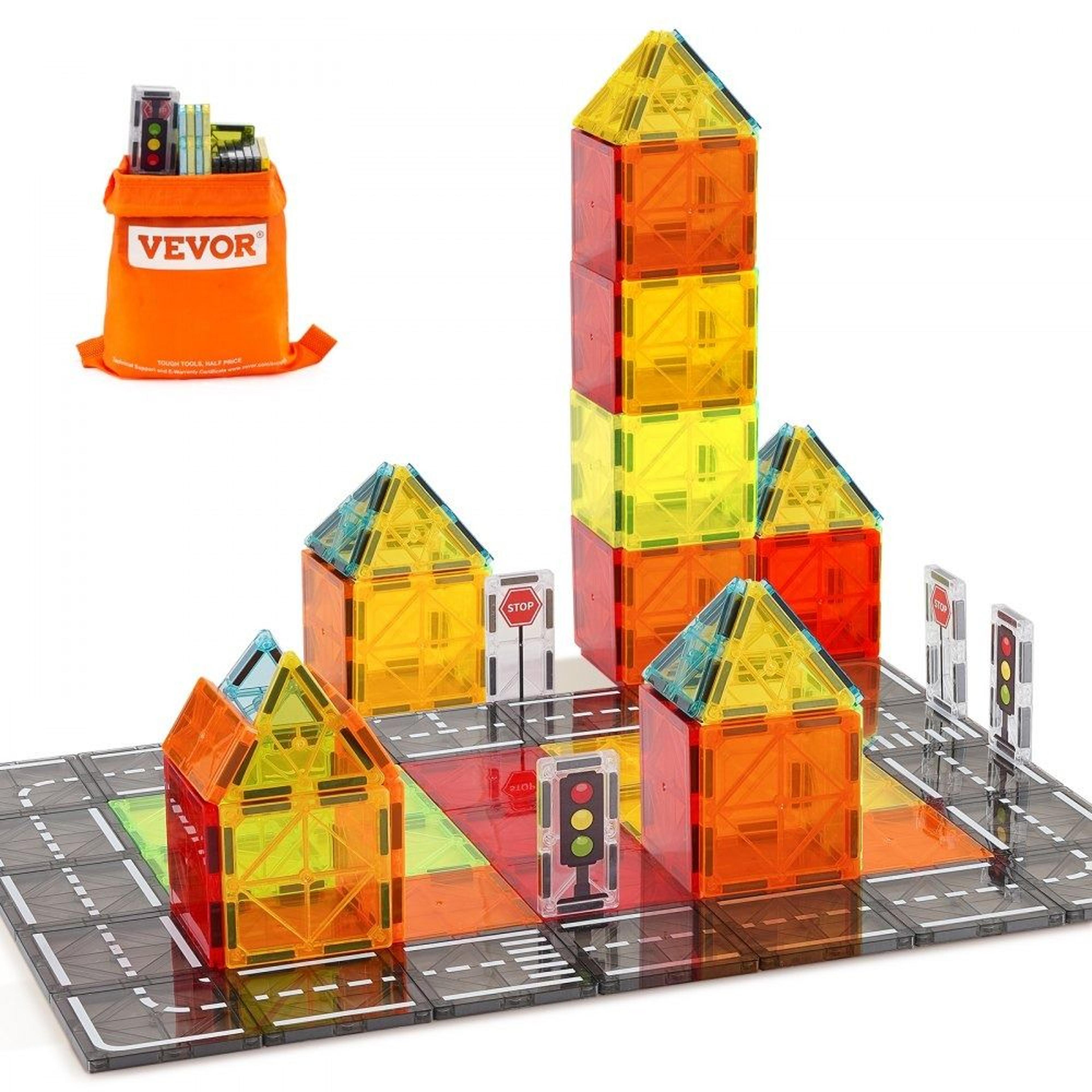 56 piece magnetic tiles building set with road pieces and storage bag