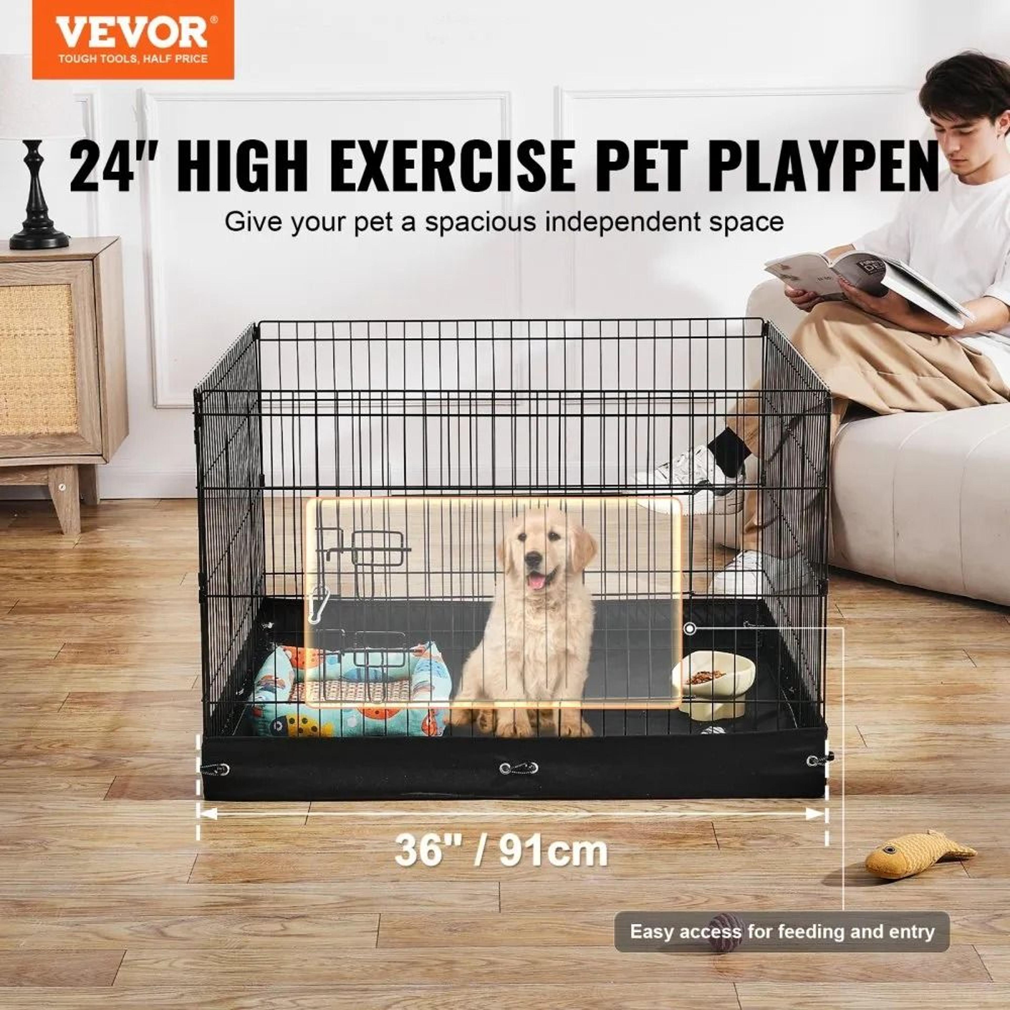 Foldable Metal Dog Playpen With 600D Oxford Fabric Bottom Pad 24 X 36 X 36 In 1