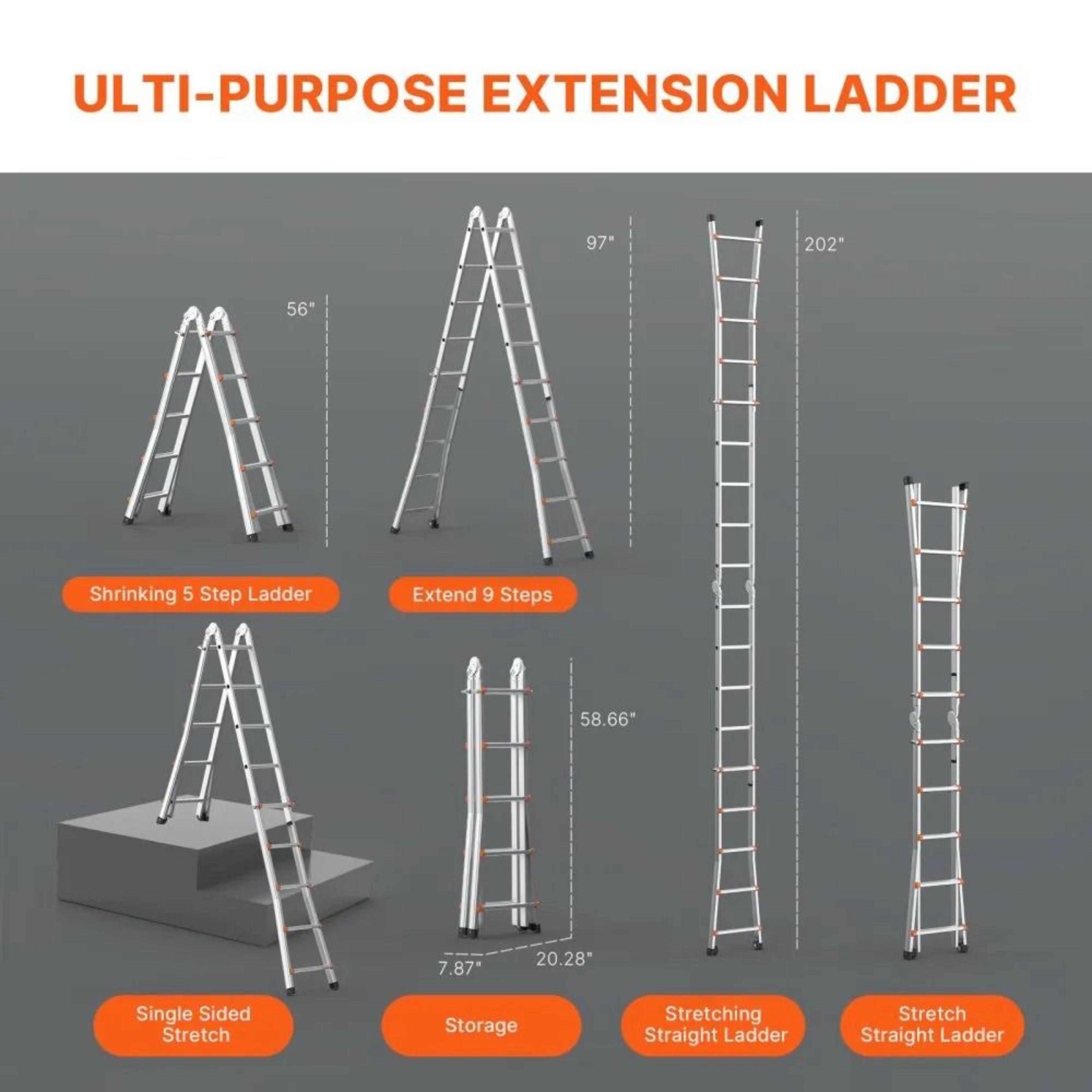17 FT Telescoping A Frame Ladder Compact Aluminum Extension Ladder 330 Lb Load 4