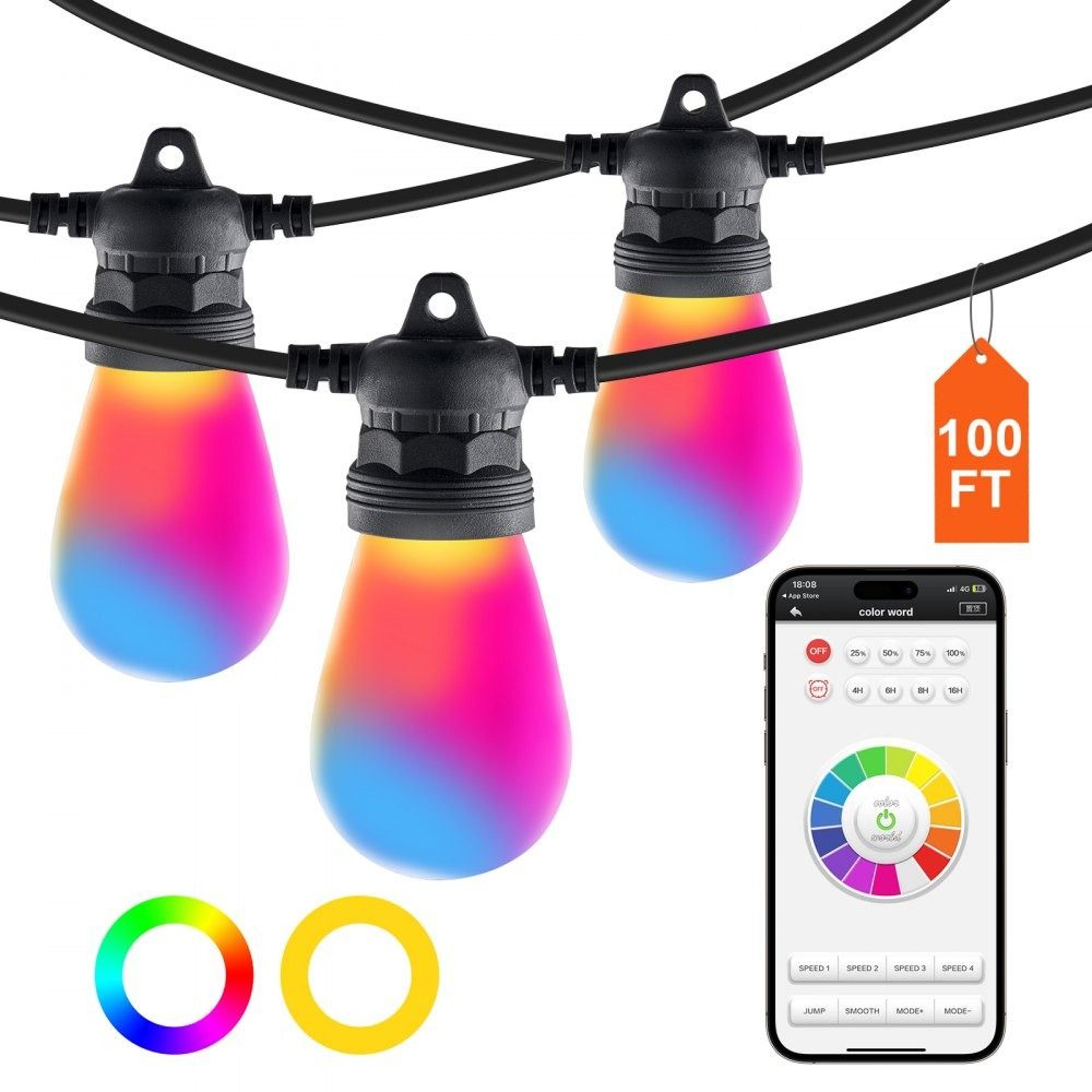 100 ft rgb outdoor string lights with app control 30 s14 bulbs and ip45 weather resistance