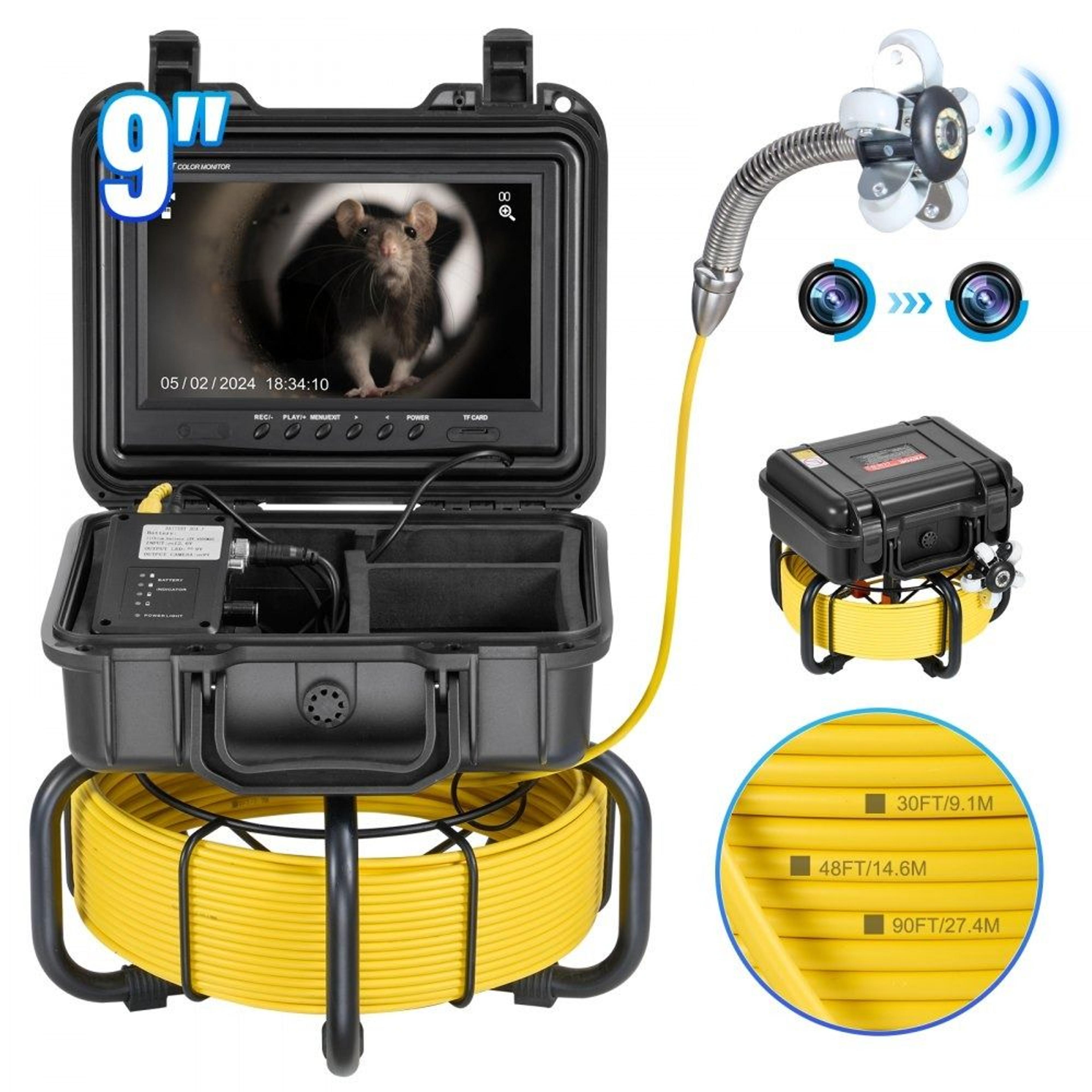 98 ft self-leveling sewer camera with 9 inch 1080p screen and 32gb card