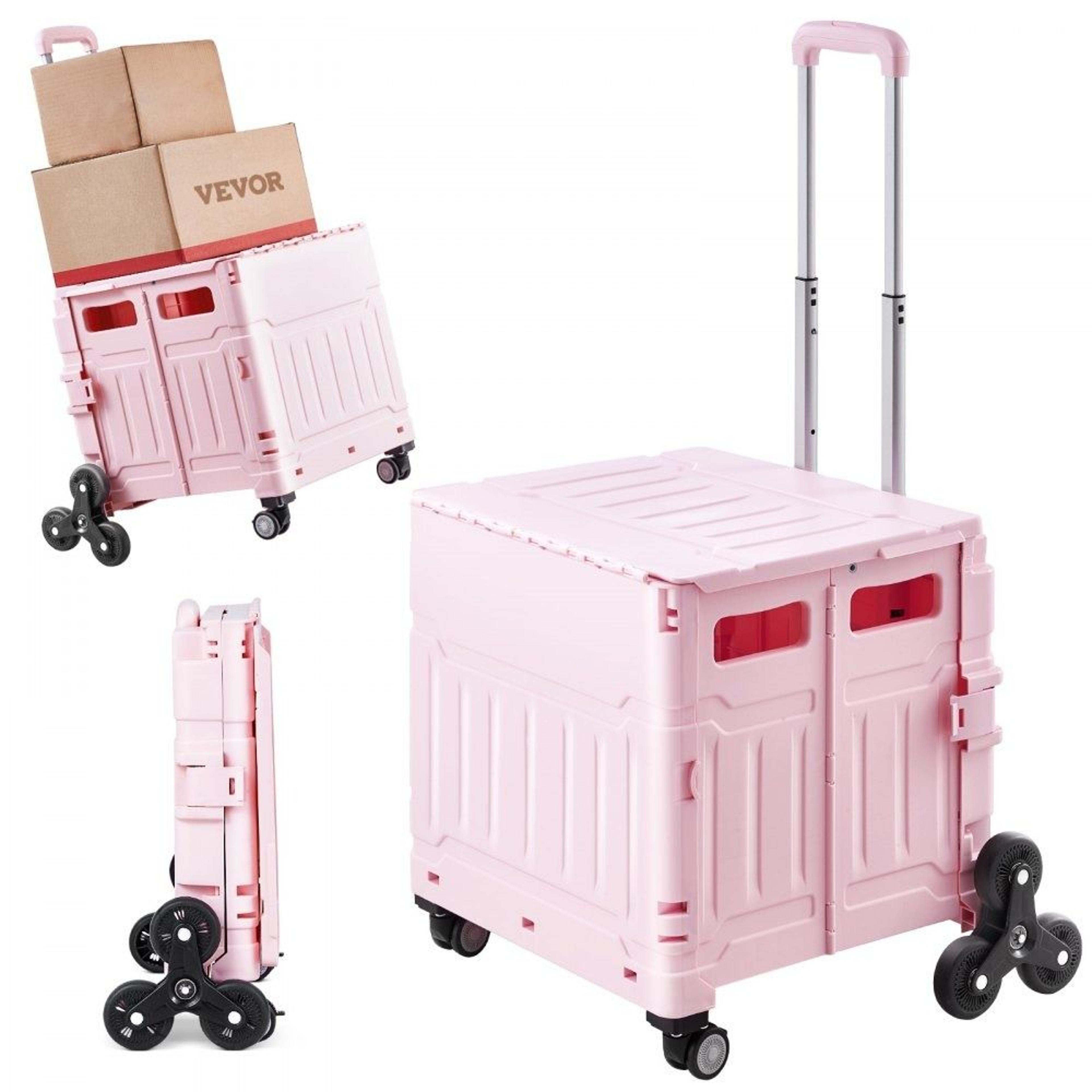 collapsible stair climbing utility cart 65l rolling crate with swivel wheels pink