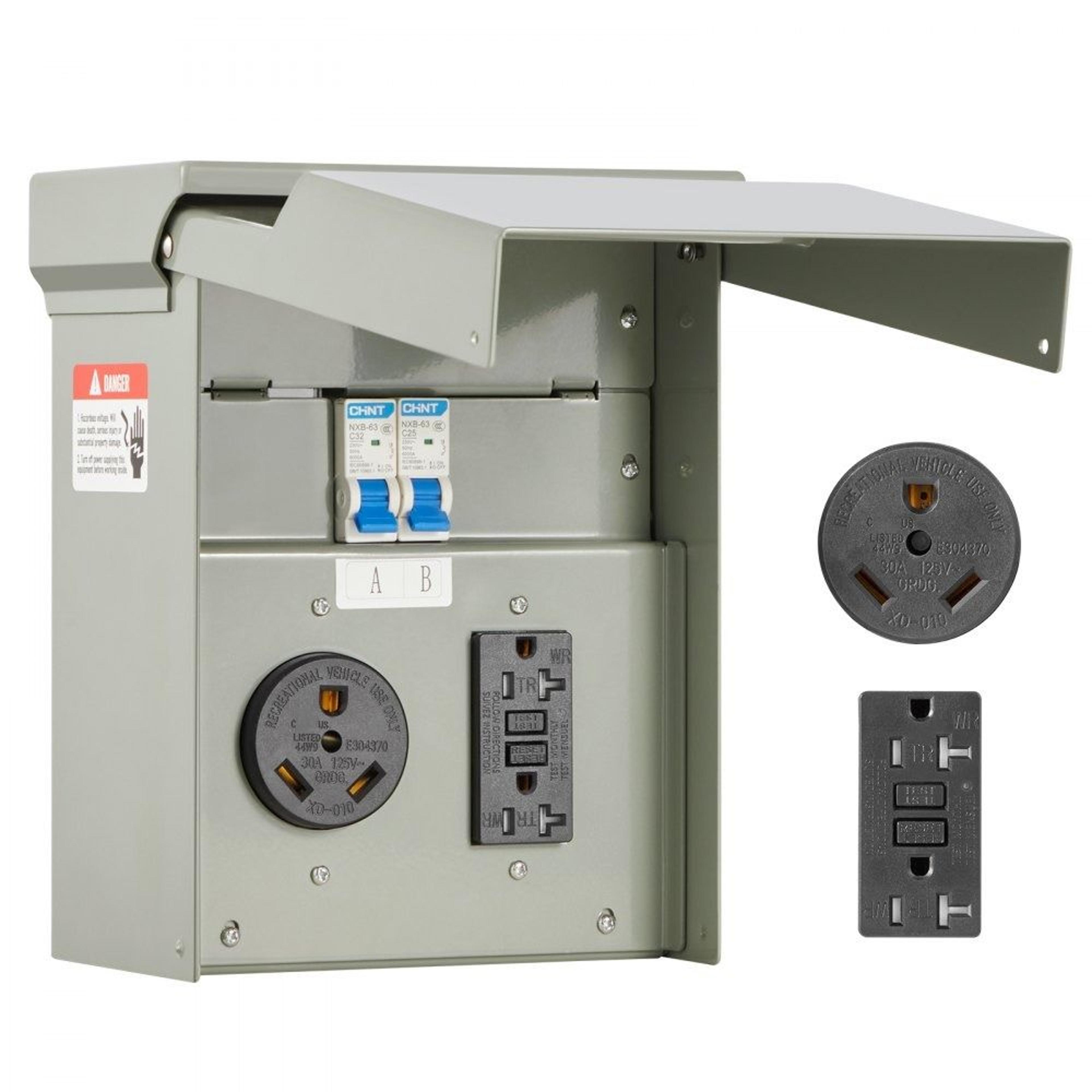 temporary power outlet panel with 30 amp nema and 20 amp gfci receptacles weatherproof box