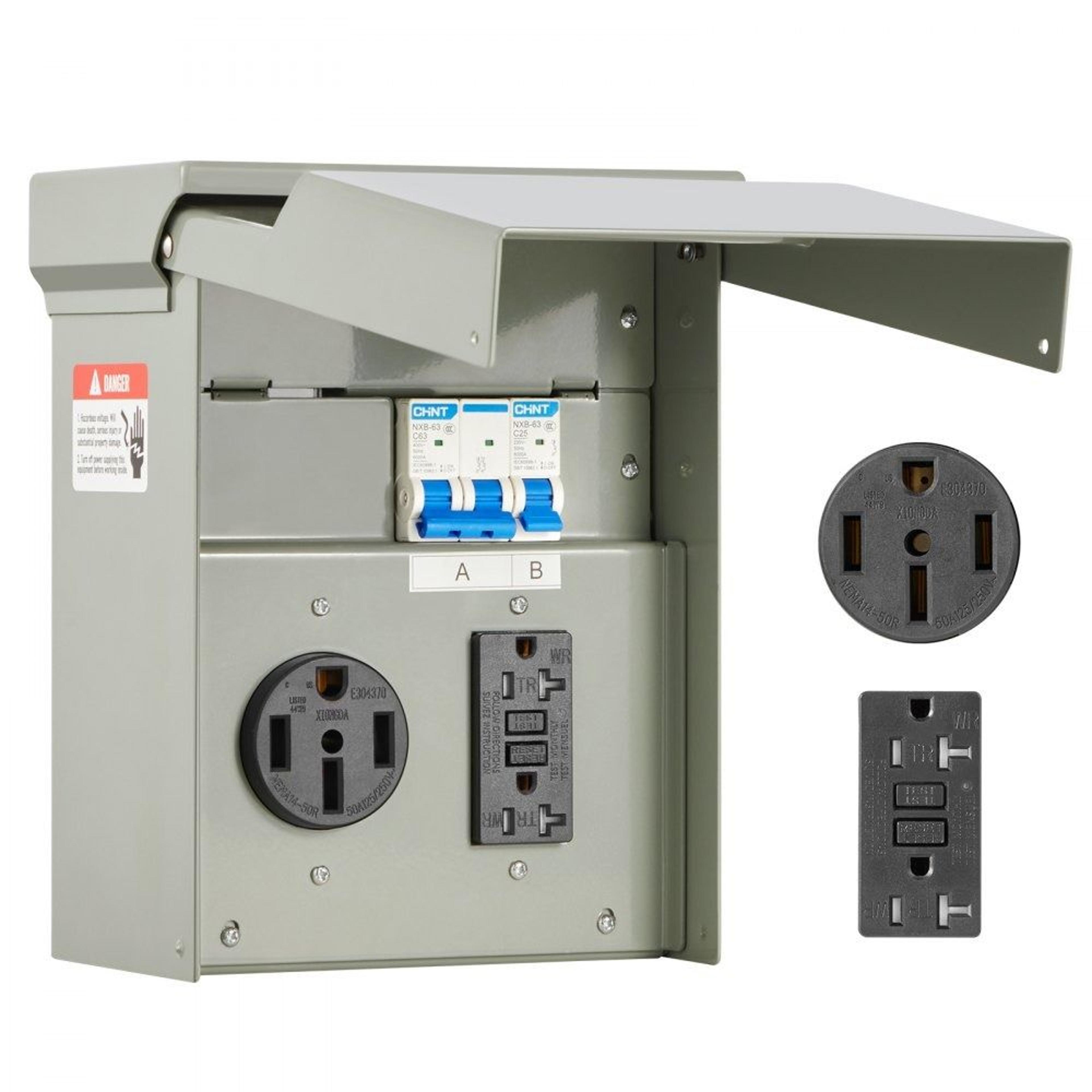 temporary power outlet panel with 50 amp and 20 amp gfci receptacles weatherproof box