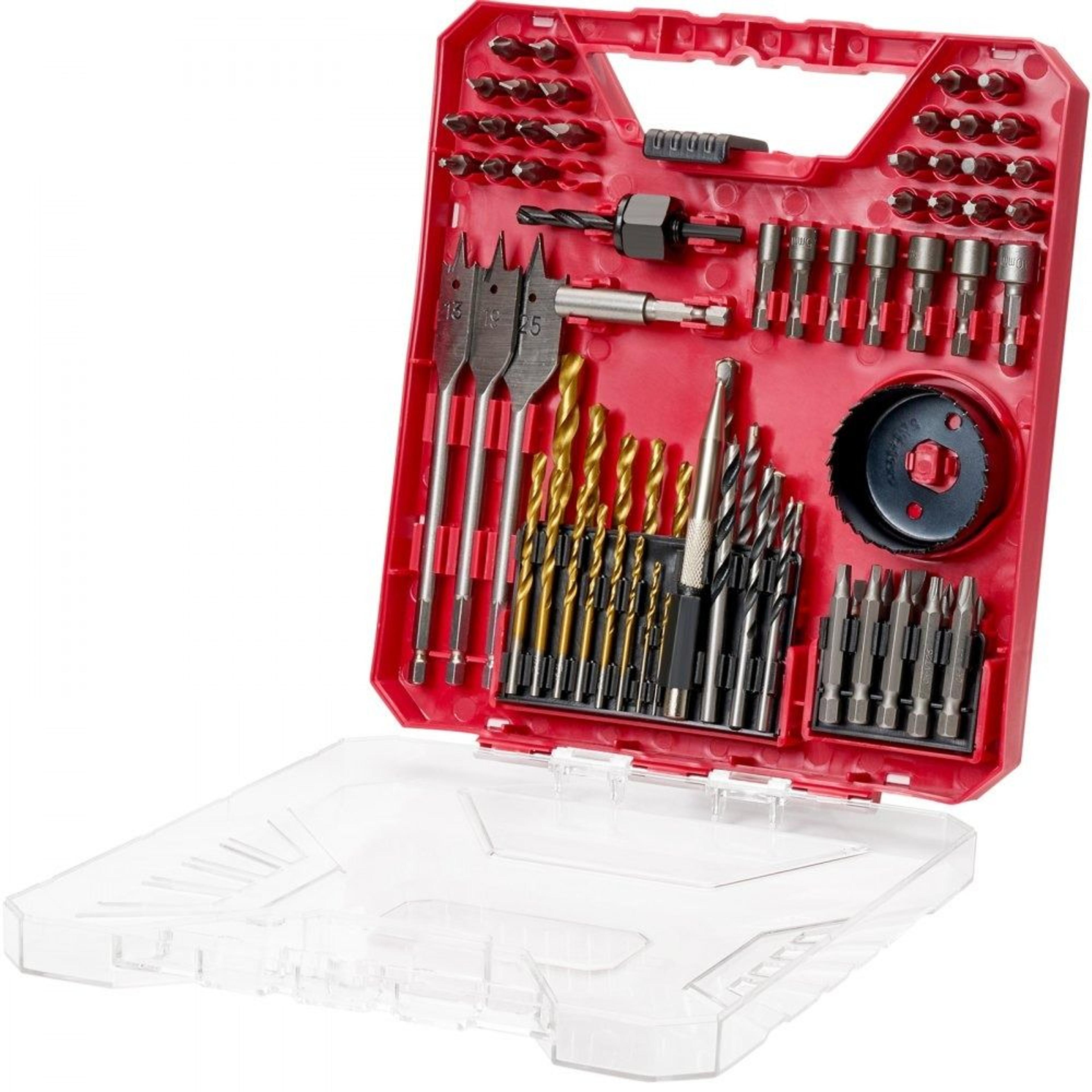 70 piece drill and driver bit set with case for wood metal cement masonry and screwdriving