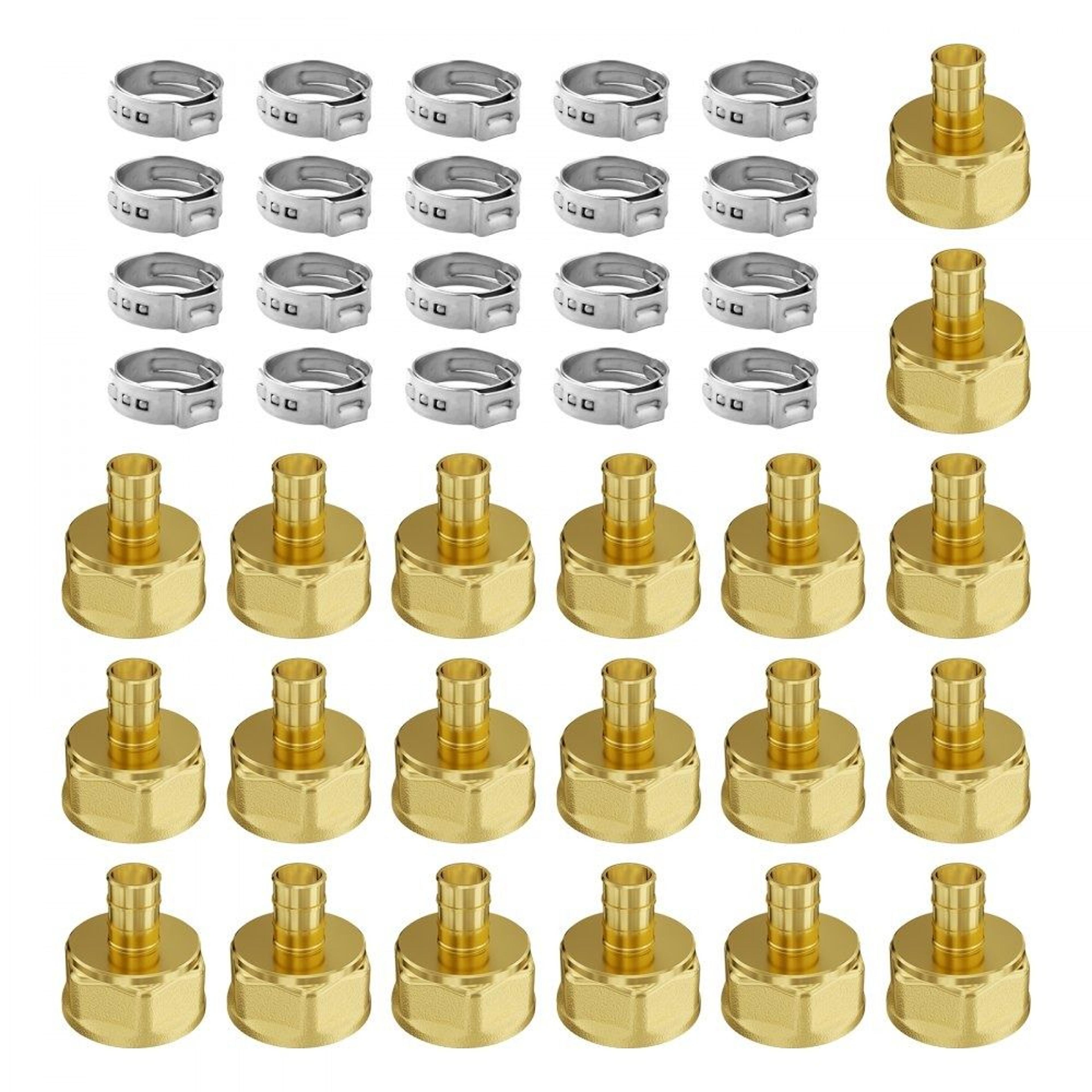 1/2 inch pex pipe fittings female thread brass connector set with clamps 20 pack