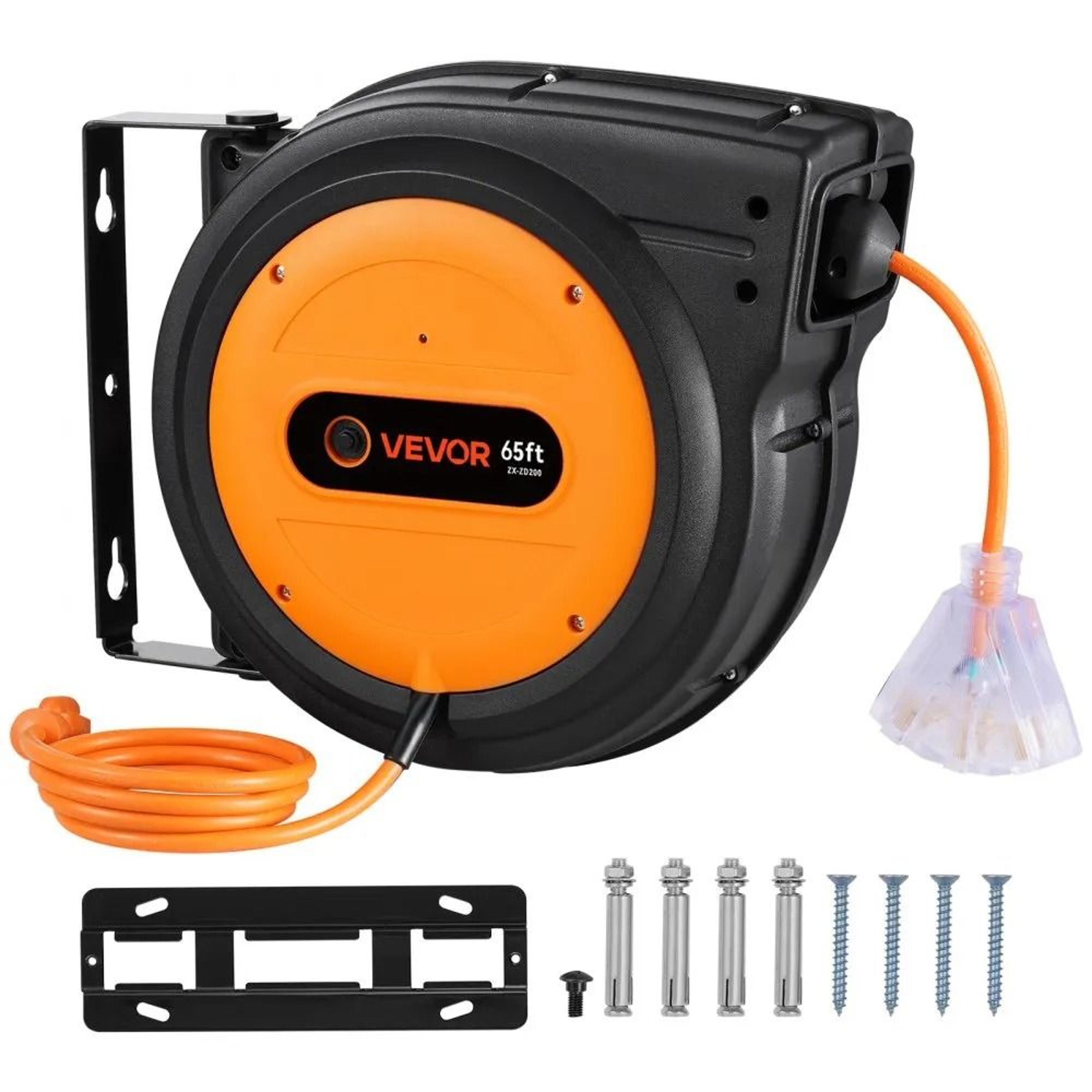 retractable extension cord reel heavy duty 12awg 3c 65 ft power cord with lighted 3 outlet tap
