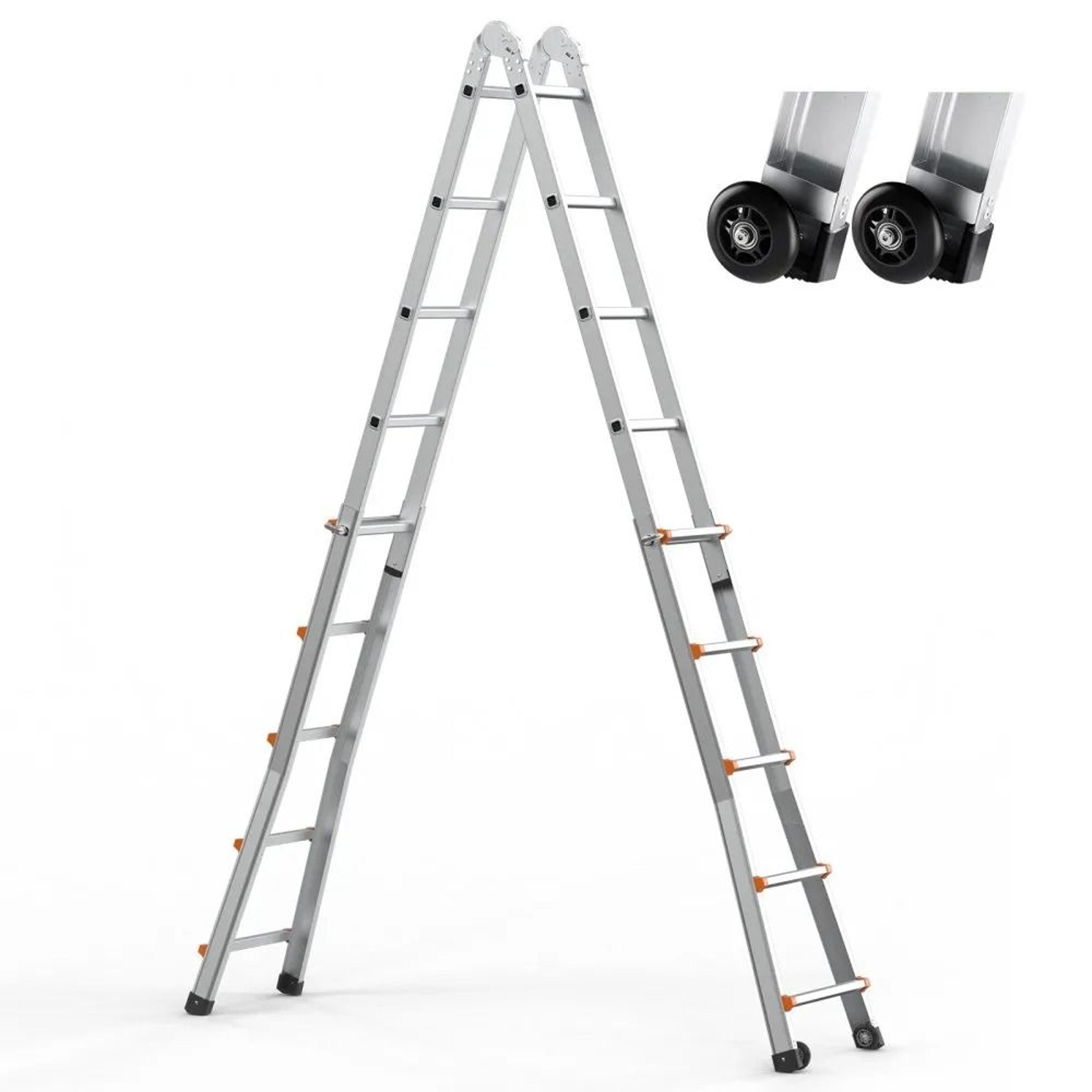 20 ft telescoping a-frame ladder aluminum extension step ladder with dual wheels 330 lb capacity